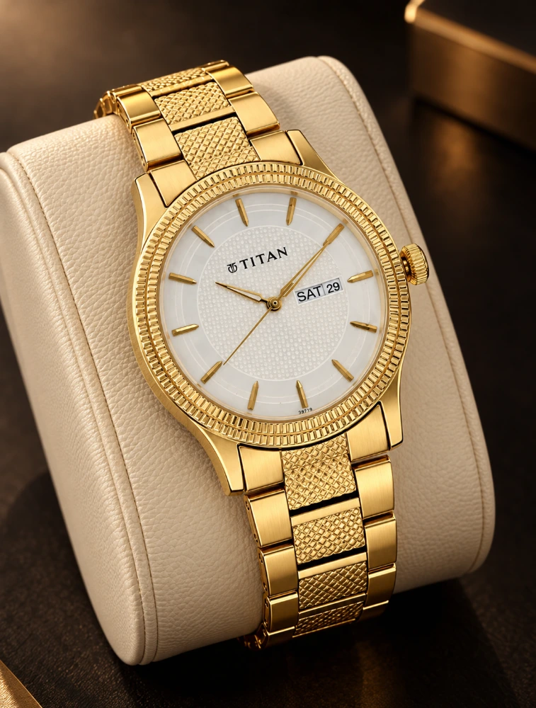 Titan Quartz Analog with Day And Date Silver Dial Golden Stainless Steel Strap Watch For Men