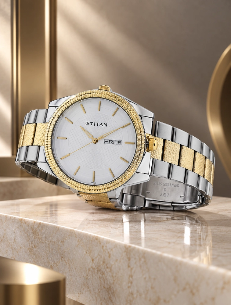 Titan Quartz Analog with Day and Date Silver Dial Two Toned Stainless Steel Strap Watch For Men NU16505BM03
