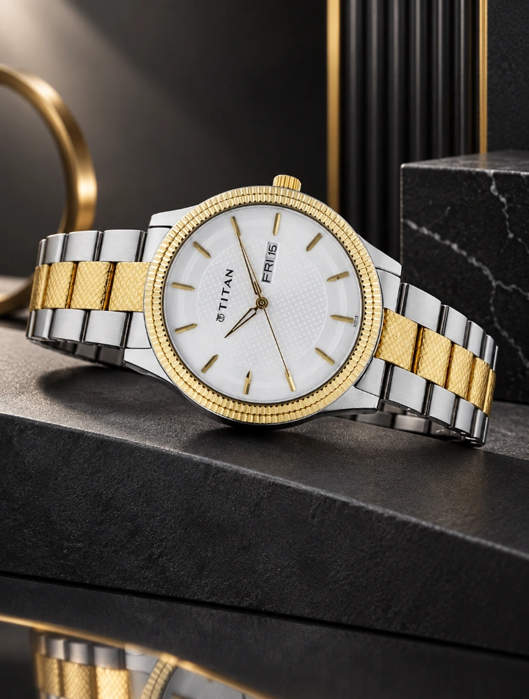 Titan Quartz Analog with Day and Date Silver Dial Two Toned Stainless Steel Strap Watch For Men NU16505BM03