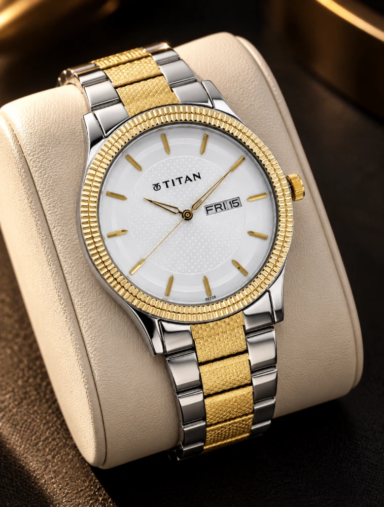 Titan Quartz Analog with Day and Date Silver Dial Two Toned Stainless Steel Strap Watch For Men NU16505BM03