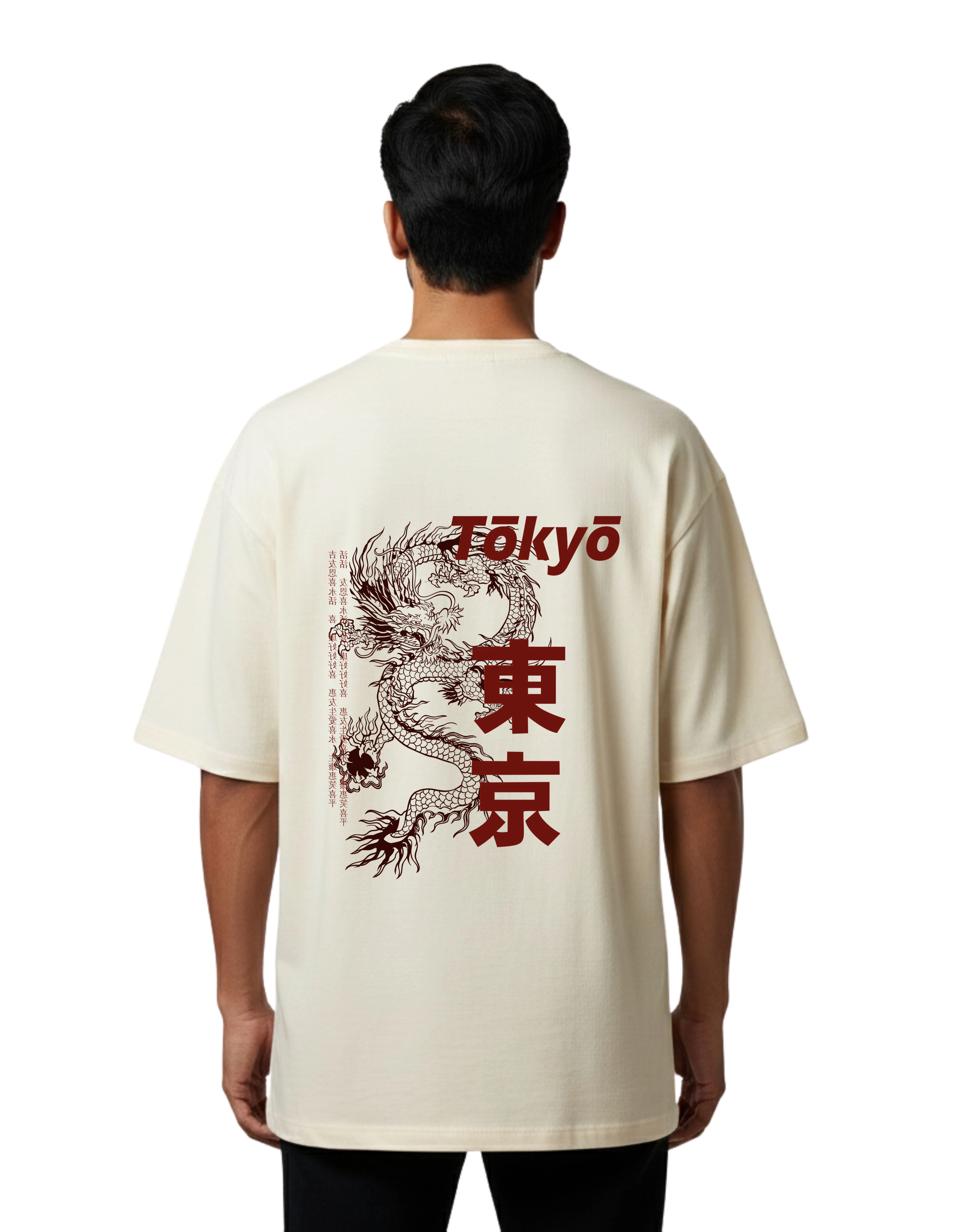 Tokyo Dragon Graphic Oversized Cotton French Terry T-Shirt 240 GSM Beige