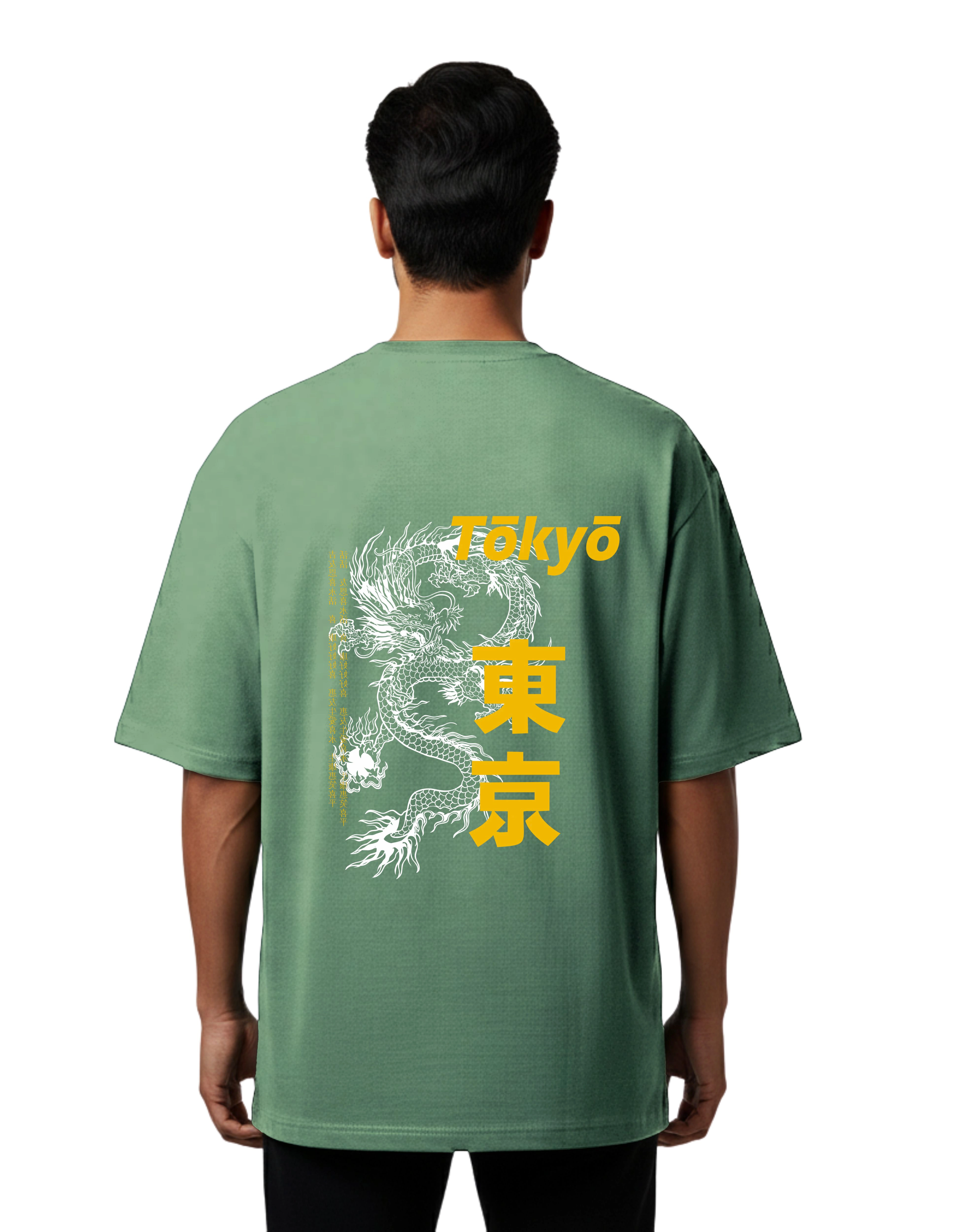 Tokyo Dragon Graphic Oversized Cotton French Terry T-Shirt 240 GSM D Green
