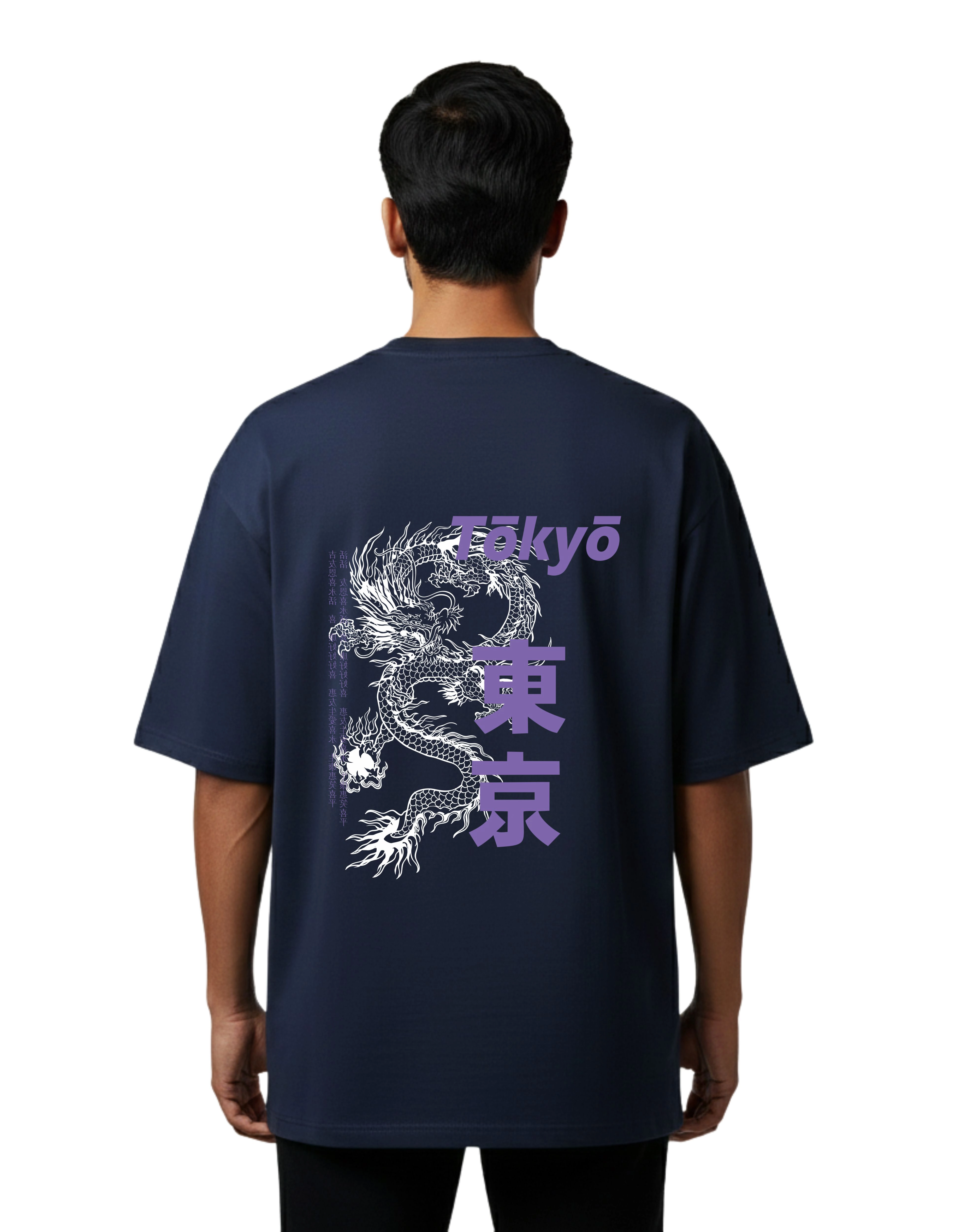 Tokyo Dragon Graphic Oversized Cotton French Terry T-Shirt 240 GSM Navy Blue