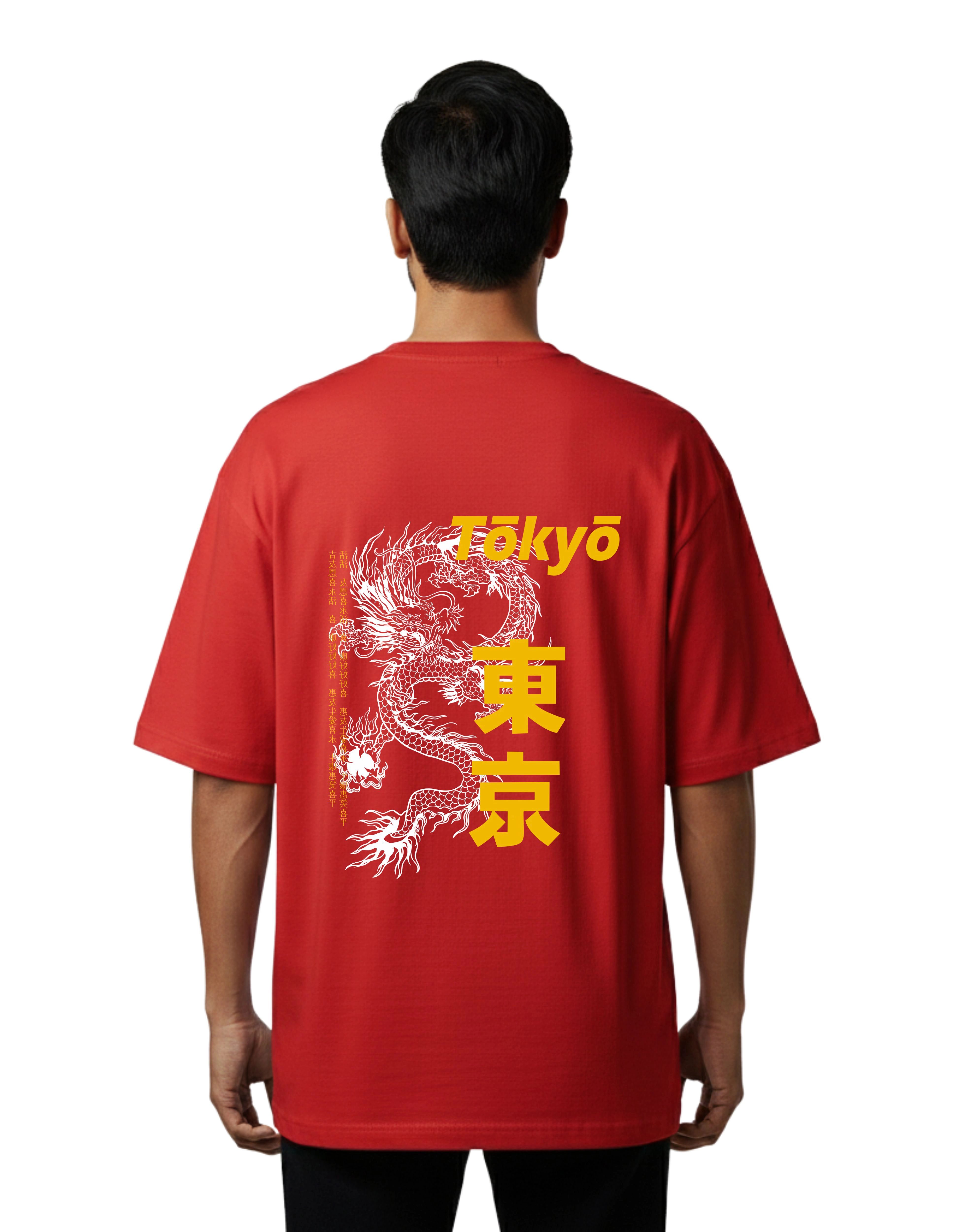 Tokyo Dragon Graphic Oversized Cotton French Terry T-Shirt 240 GSM Red