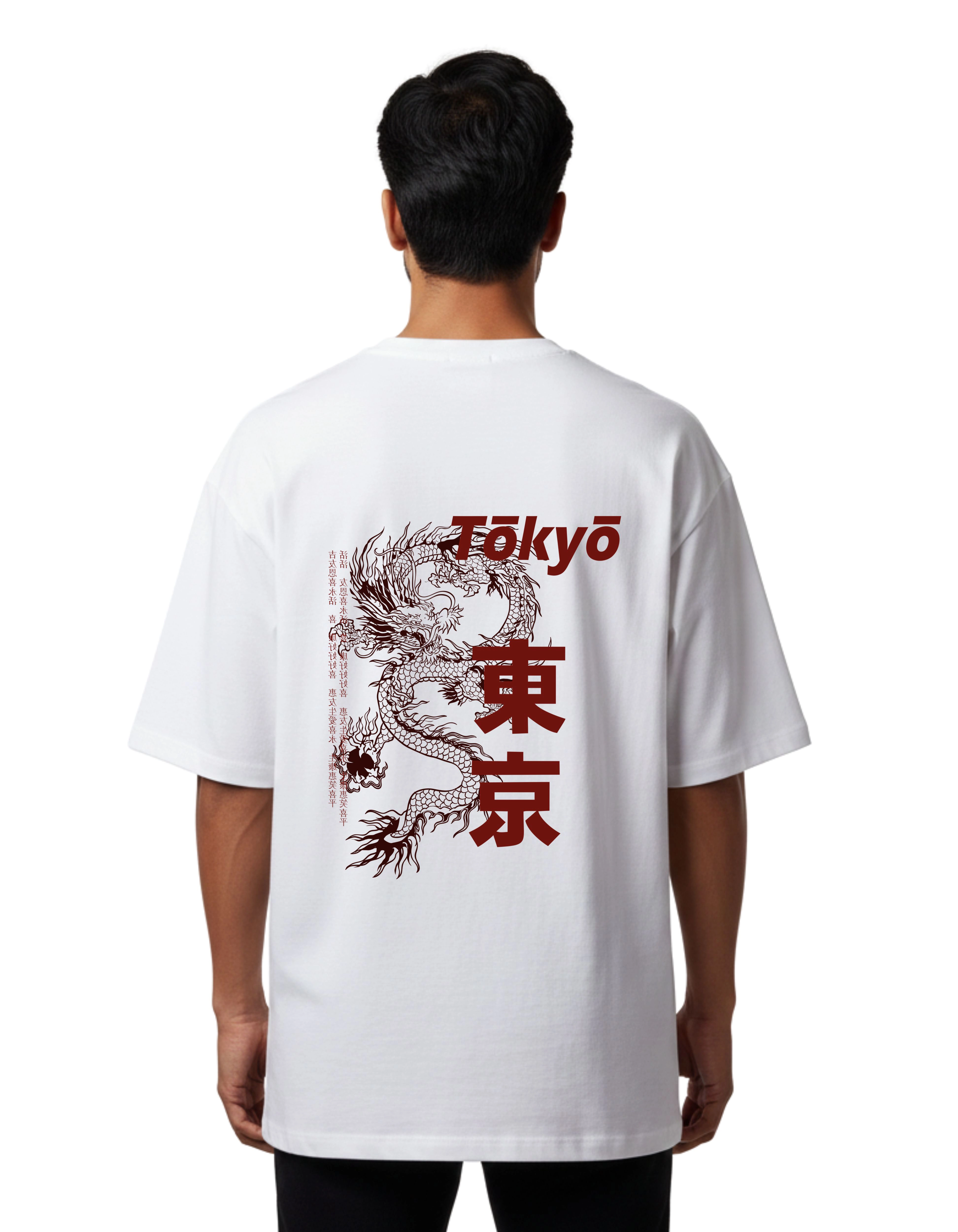 Tokyo Dragon Graphic Oversized Cotton French Terry T-Shirt 240 GSM White