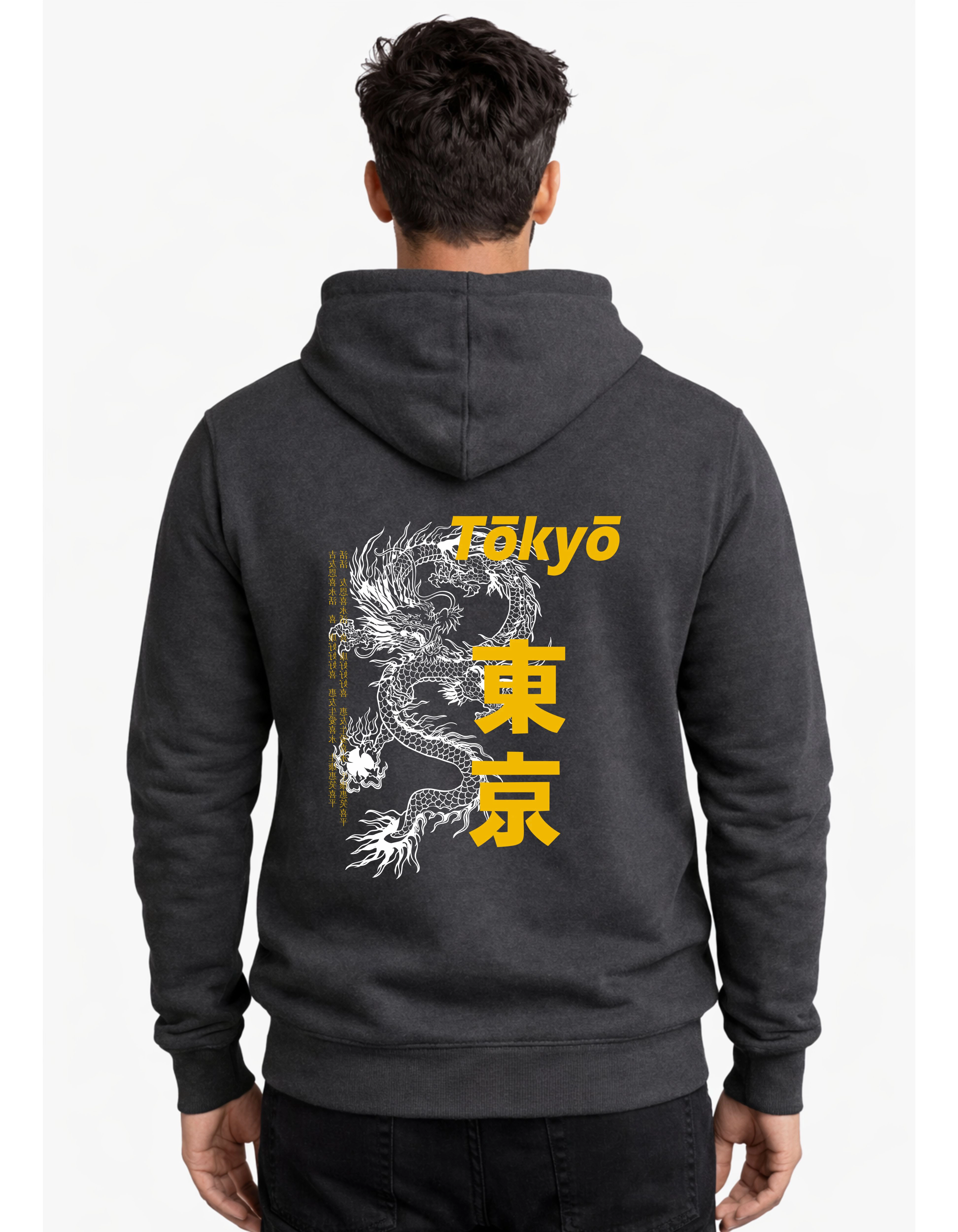 Tokyo Dragon Graphic Polycotton Hoodie Without Zipper 300 GSM Charcoal