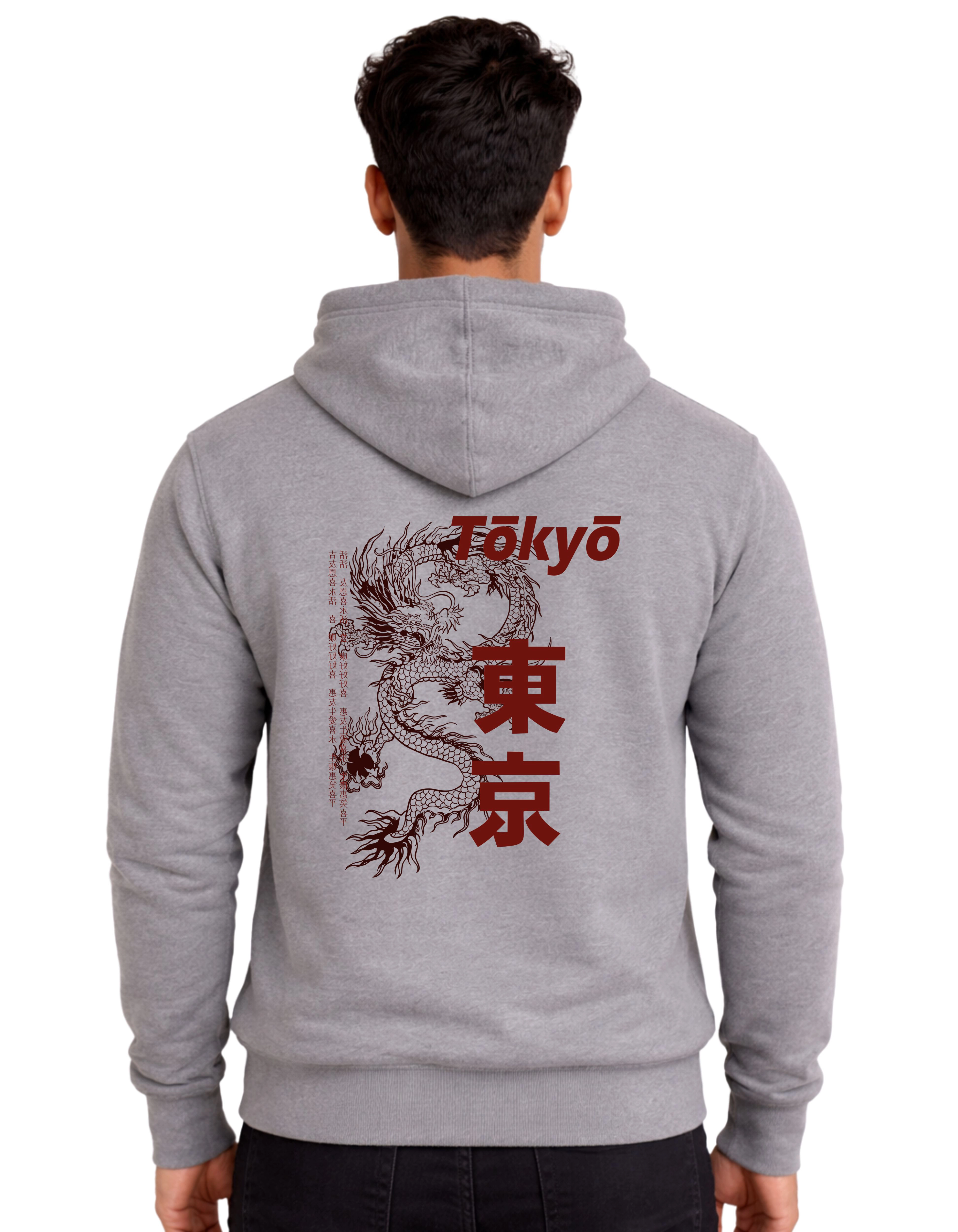 Tokyo Dragon Graphic Polycotton Hoodie Without Zipper 300 GSM Grey
