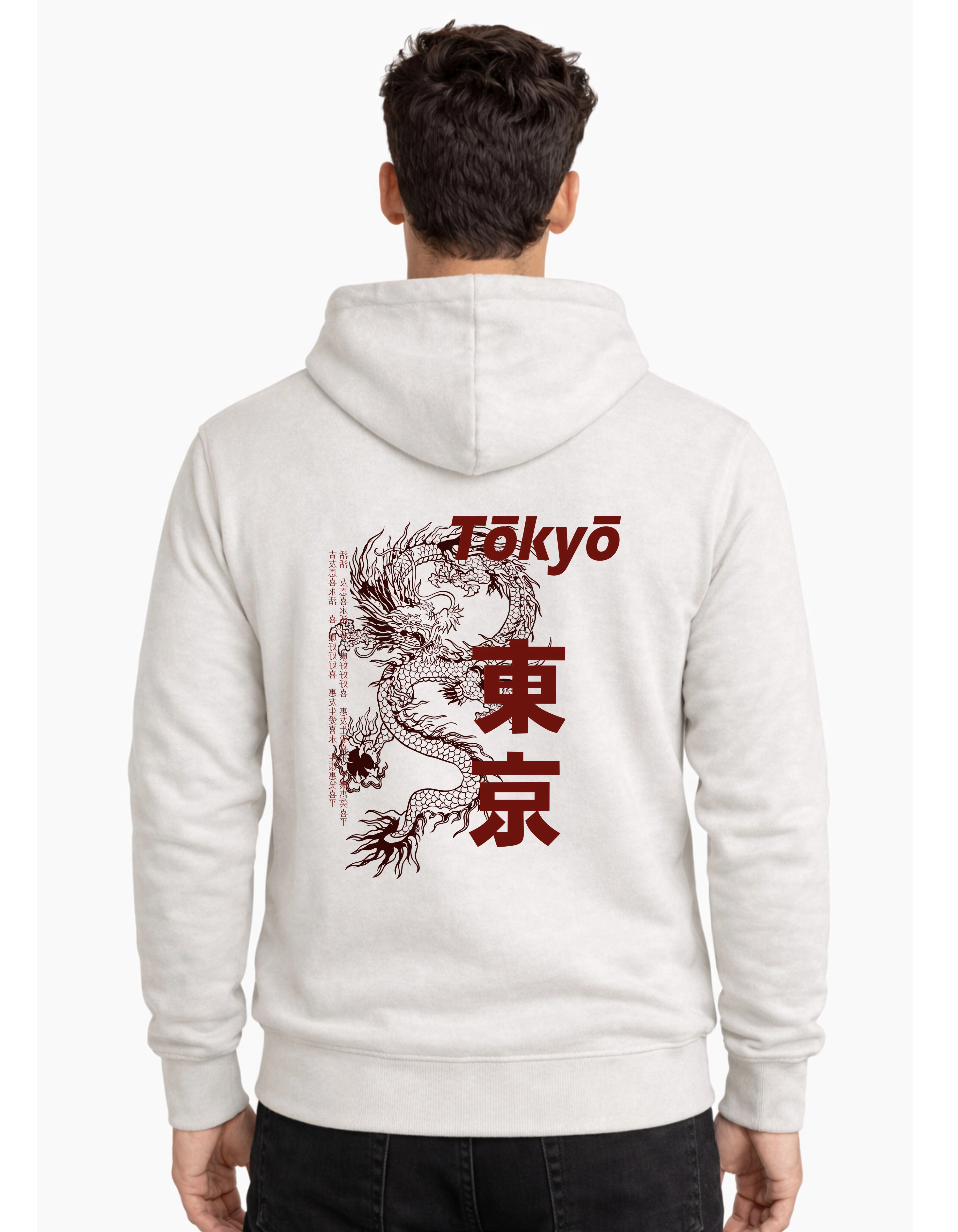 Tokyo Dragon Graphic Polycotton Hoodie Without Zipper 300 GSM Half White