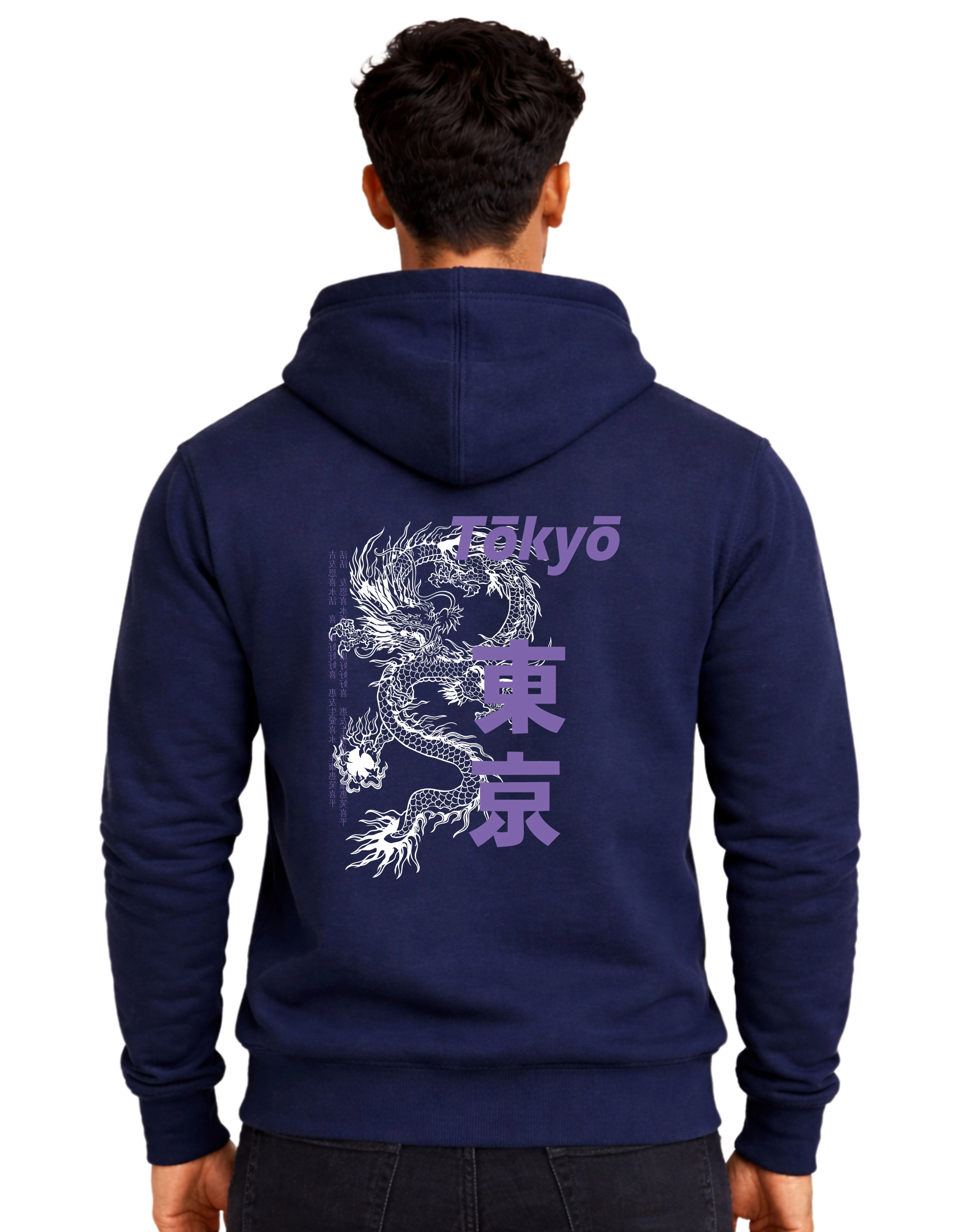 Tokyo Dragon Graphic Polycotton Hoodie Without Zipper 300 GSM Navy Blue