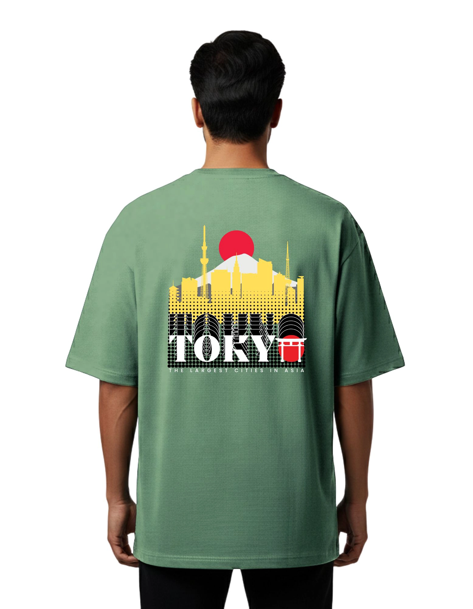Tokyo Skyline Graphic Oversized French Terry 240 GSM T-Shirt D Green