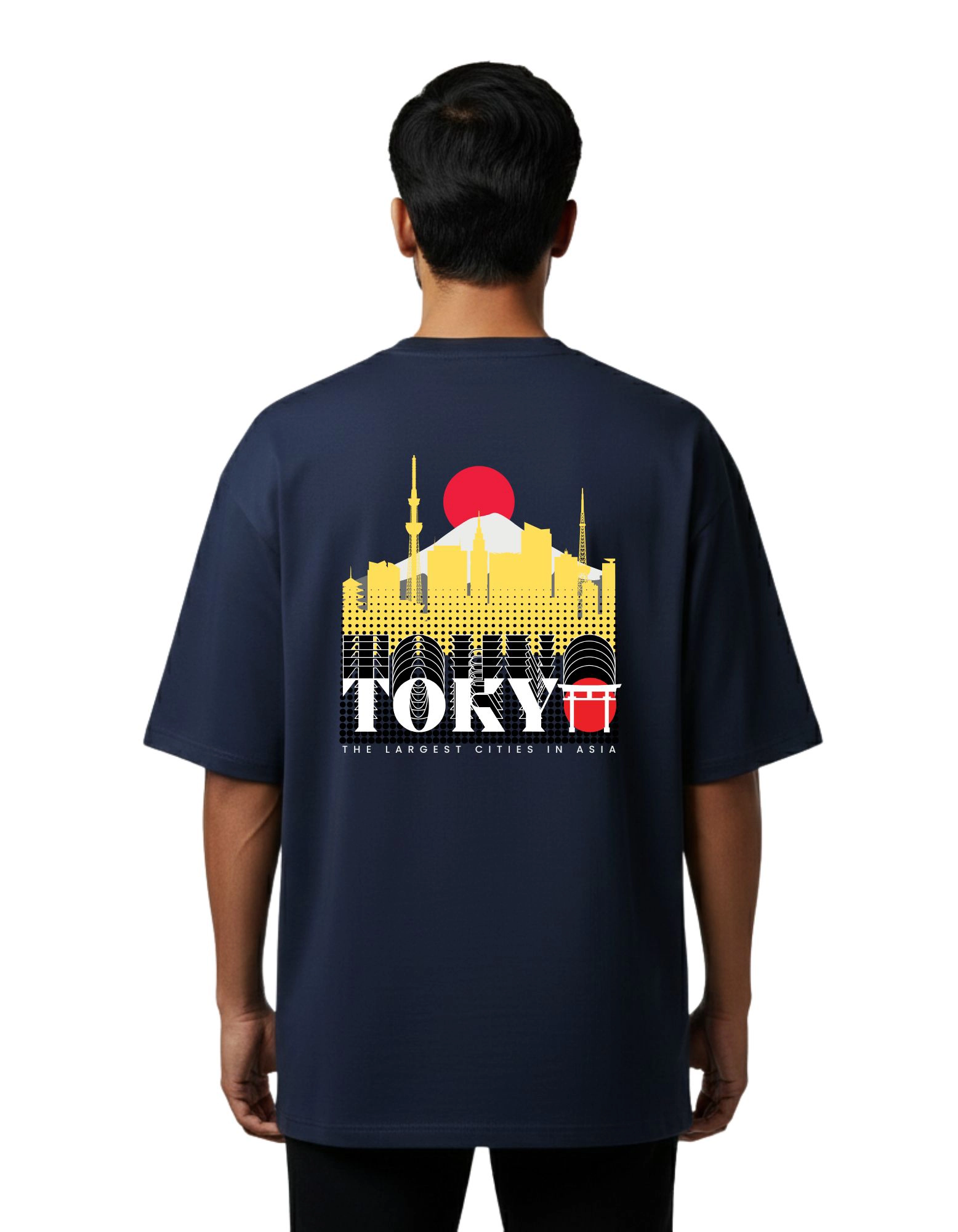 Tokyo Skyline Graphic Oversized French Terry 240 GSM T-Shirt Navy Blue