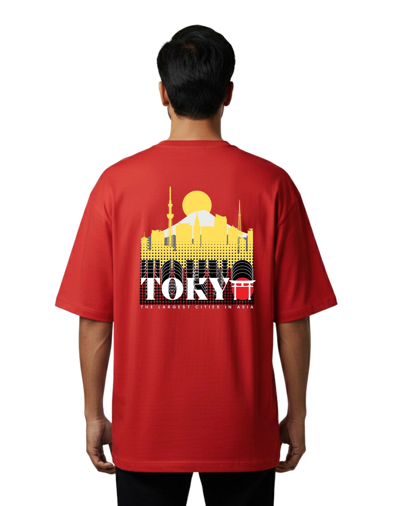 Tokyo Skyline Graphic Oversized French Terry 240 GSM T-Shirt Red