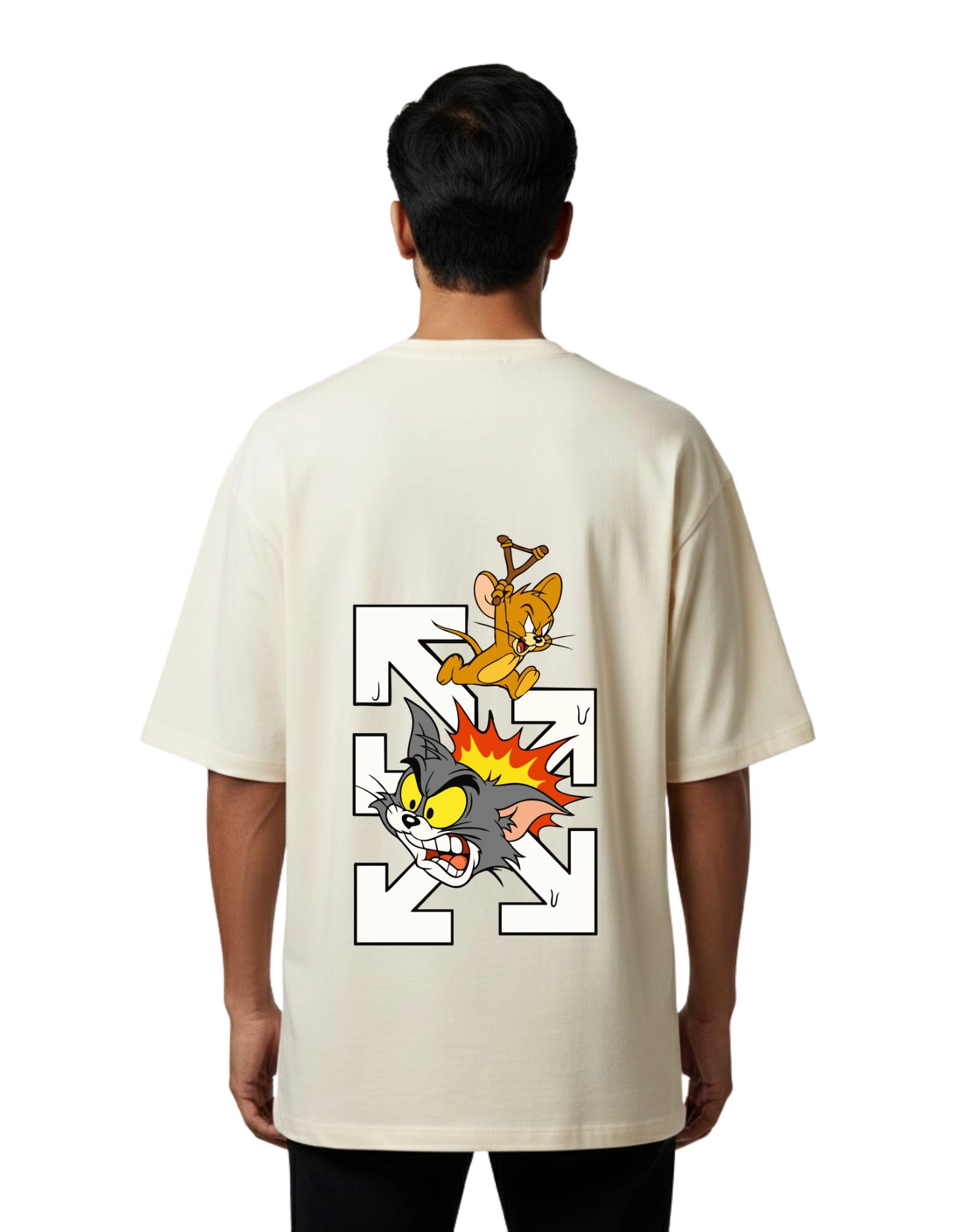 Tom & Jerry Cartoon Oversized Cotton French Terry 240 GSM T-Shirt Beige