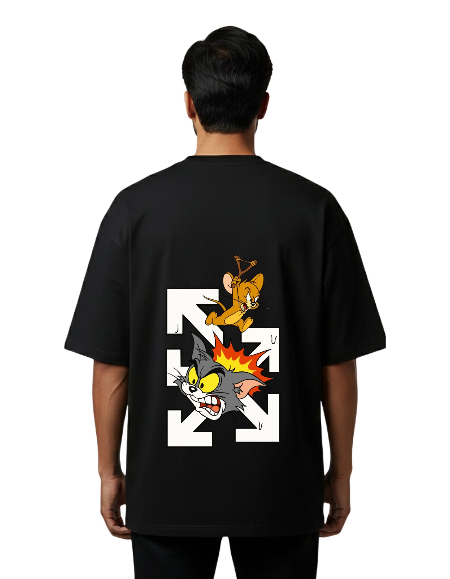 Tom & Jerry Cartoon Oversized Cotton French Terry 240 GSM T-Shirt Black