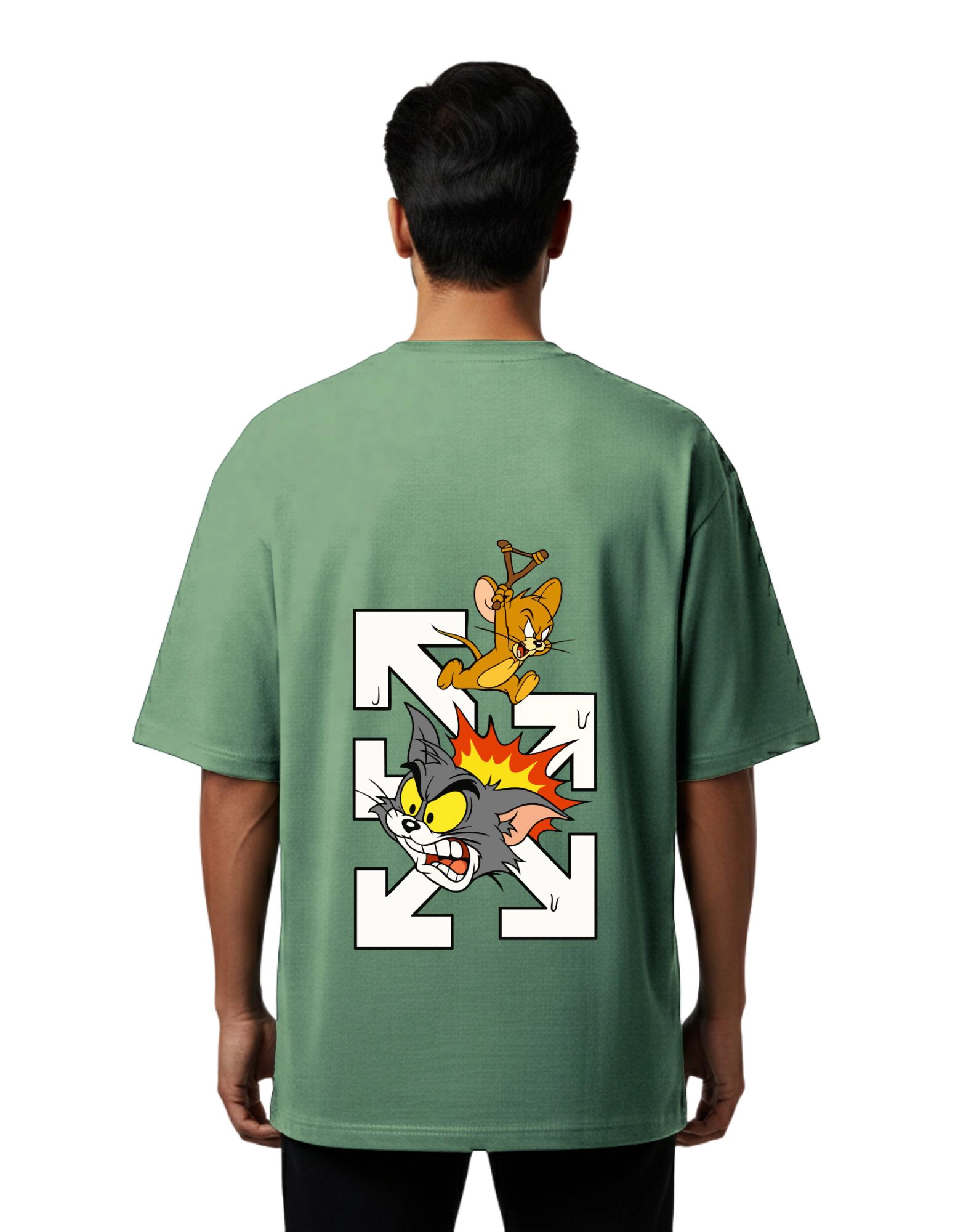 Tom & Jerry Cartoon Oversized Cotton French Terry 240 GSM T-Shirt D Green