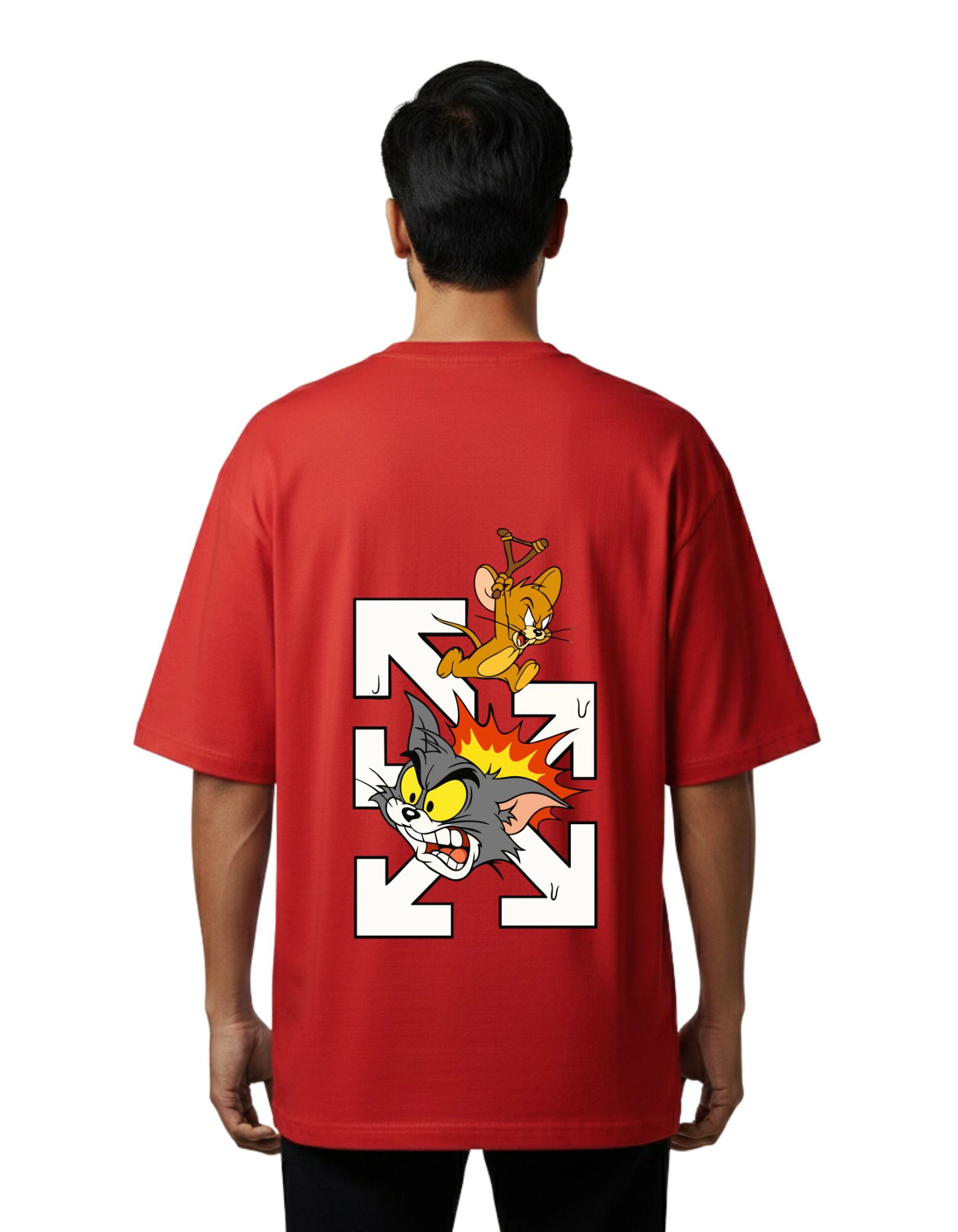 Tom & Jerry Cartoon Oversized Cotton French Terry 240 GSM T-Shirt Red