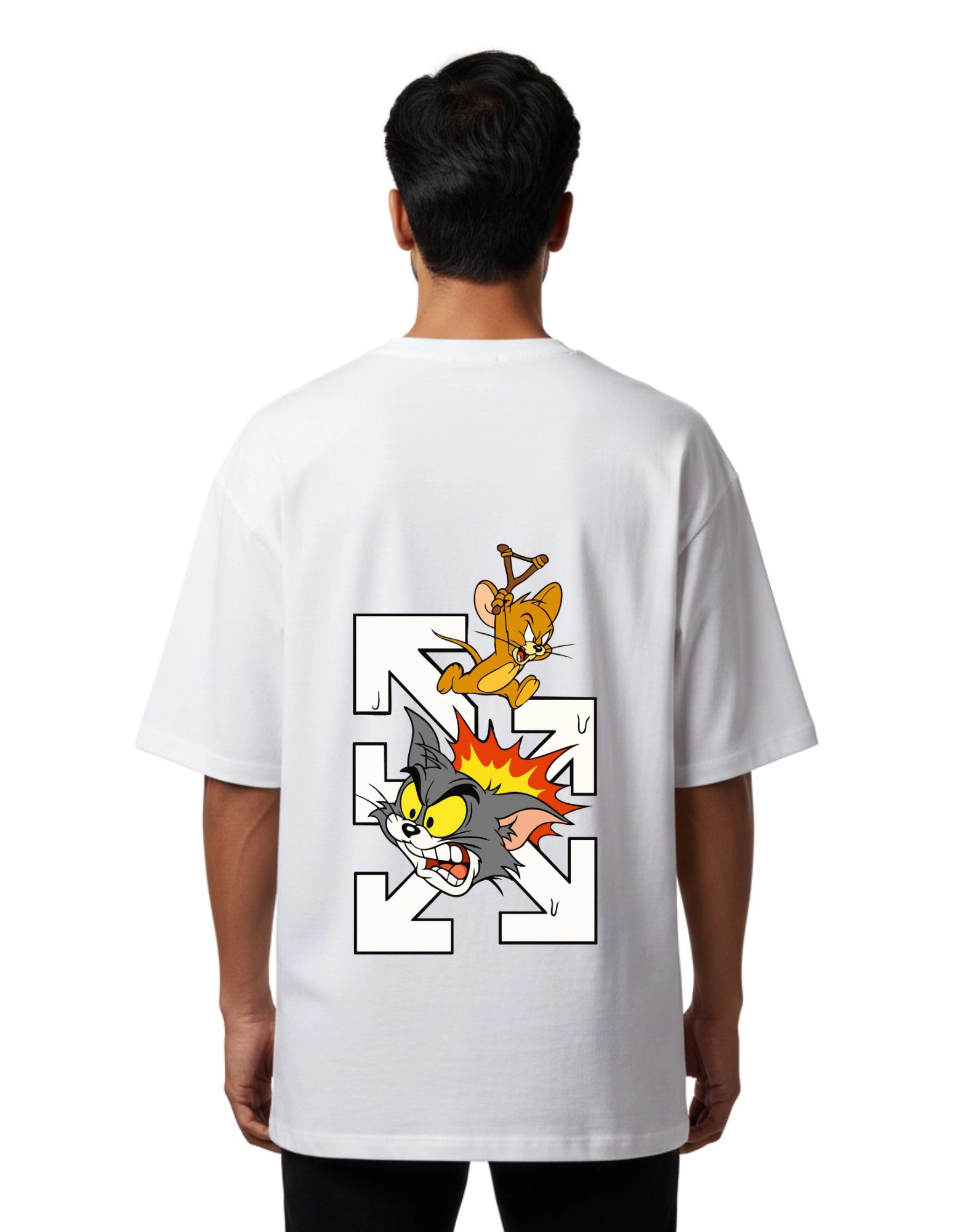 Tom & Jerry Cartoon Oversized Cotton French Terry 240 GSM T-Shirt White