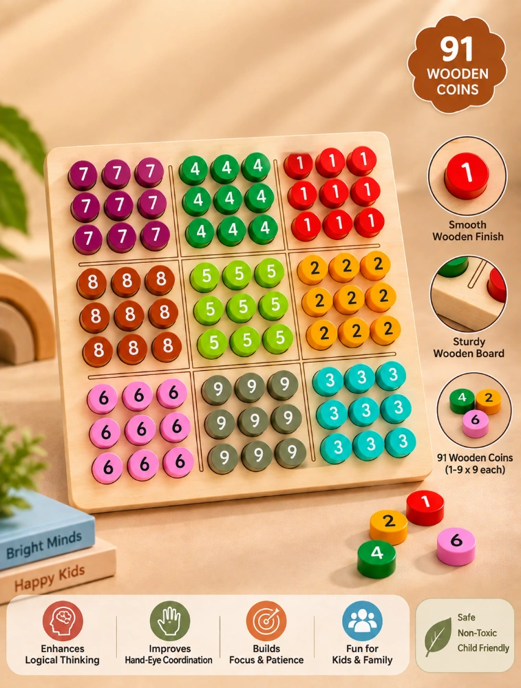 Tot2hom  Premium Wooden Suduko Board Game With 91 Wooden Number Coins 
