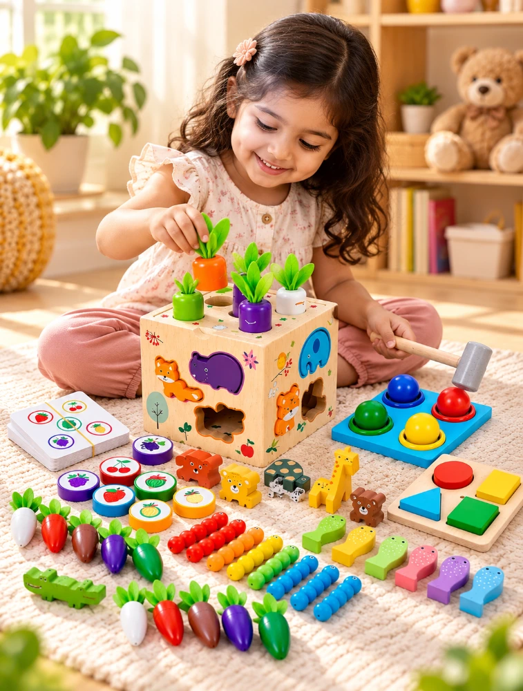 Tot2hom 8 in1 Wooden Montessori Activity Cube Educational Toy For Kids 8 Pieces