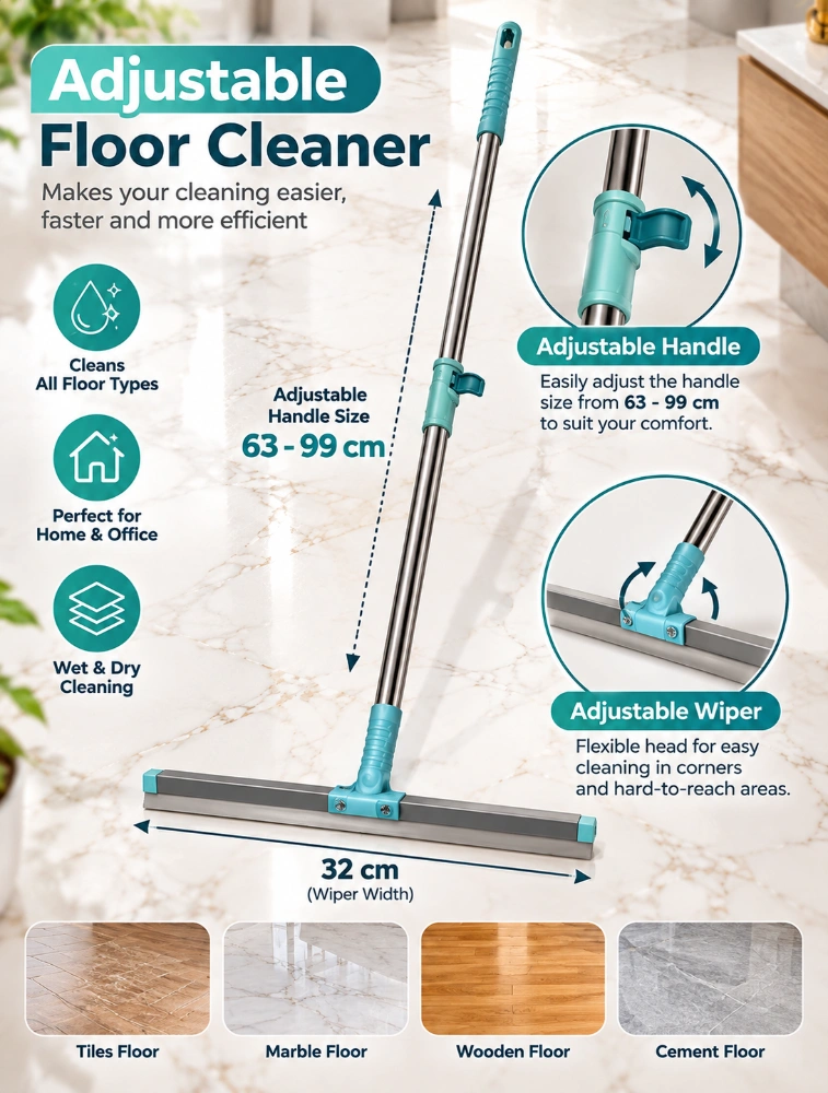 Tot2hom Magic Broom Wiper Or Mop Adjustable Floor Cleaner 63 To 69 Cm Teal