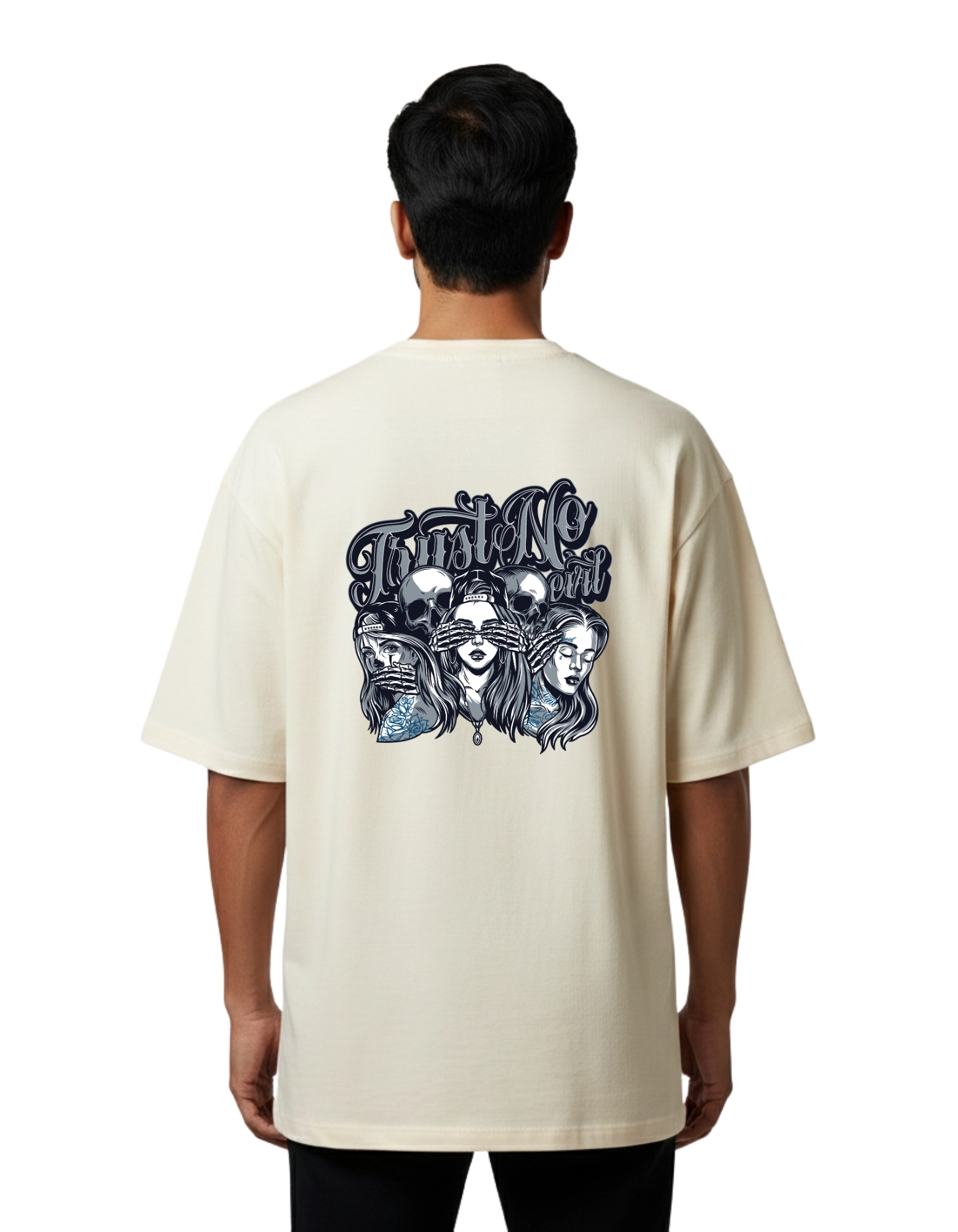 Trust No Evil Oversized Cotton French Terry T-Shirt 240 GSM Beige