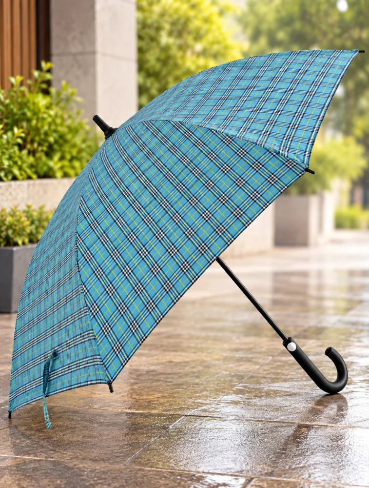 Turquoise Blue Classic Plaid J Handle Windproof Umbrella
