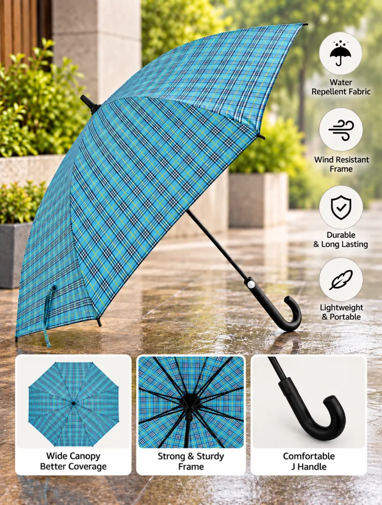Turquoise Blue Classic Plaid J Handle Windproof Umbrella