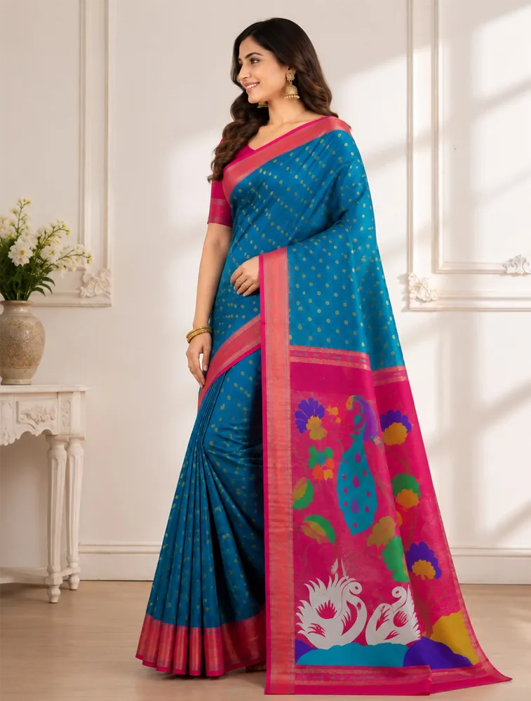 Turquoise Blue Womens Premium Semi Paithani Saree