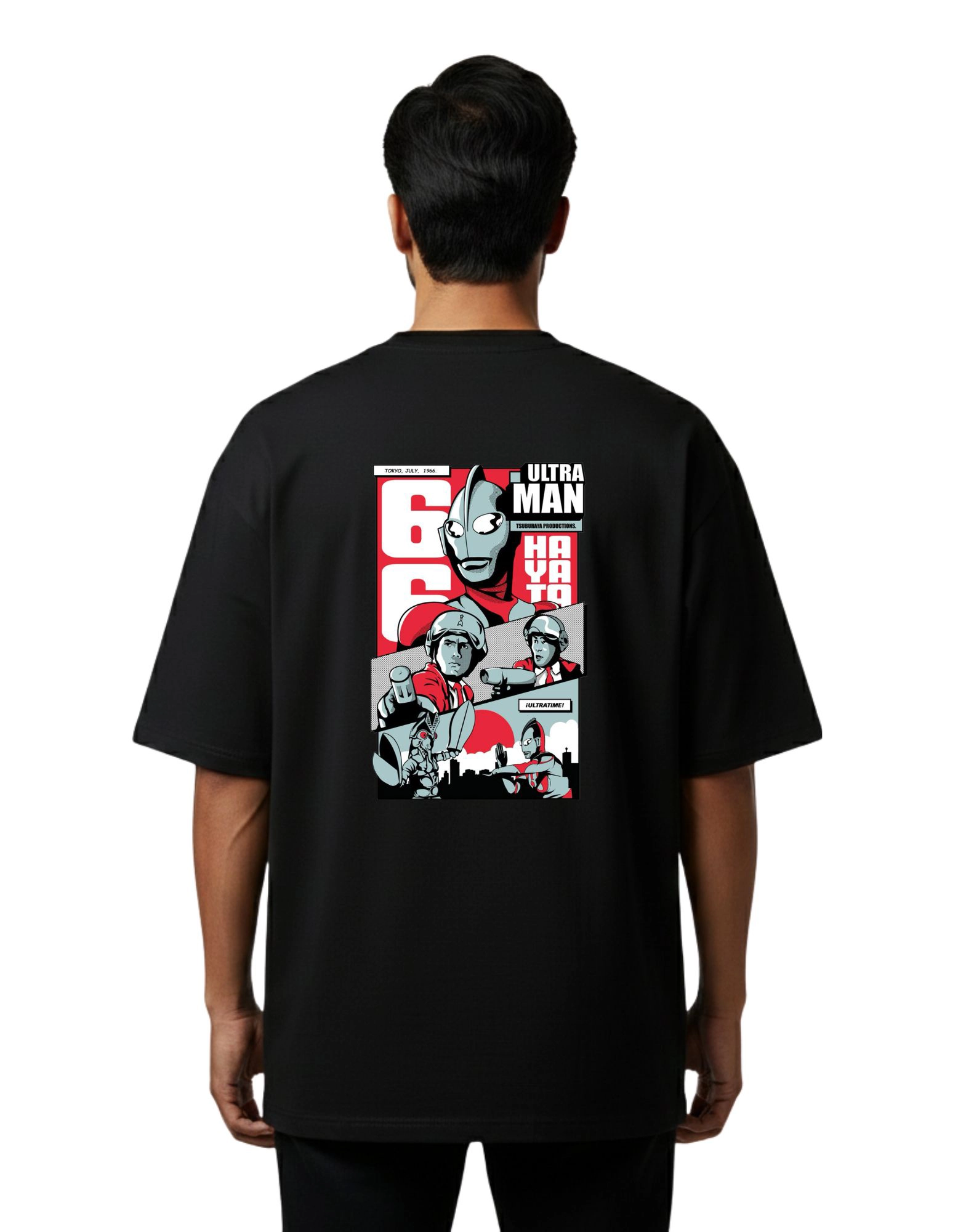 Ultraman Retro Anime Oversized Cotton French Terry T-Shirt 240 GSM Black