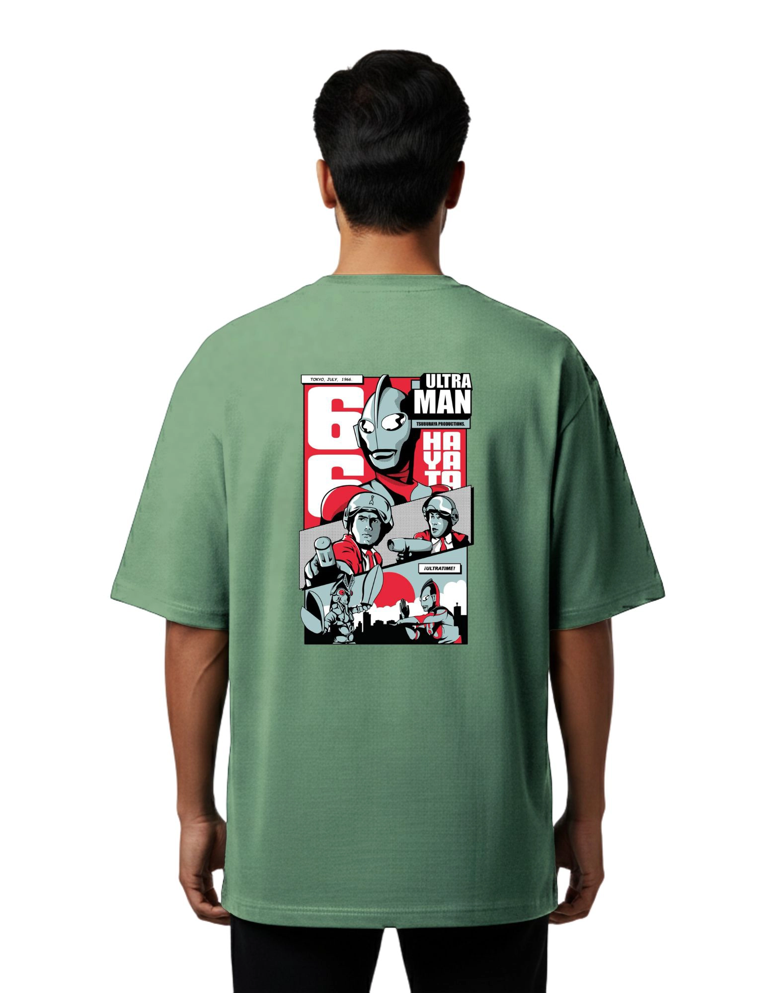 Ultraman Retro Anime Oversized Cotton French Terry T-Shirt 240 GSM D Green