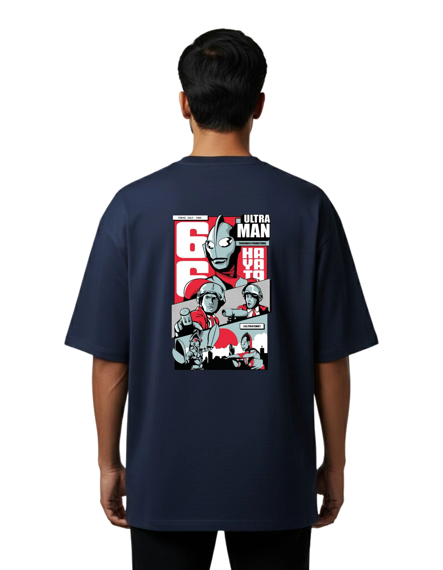 Ultraman Retro Anime Oversized Cotton French Terry T-Shirt 240 GSM Navy Blue