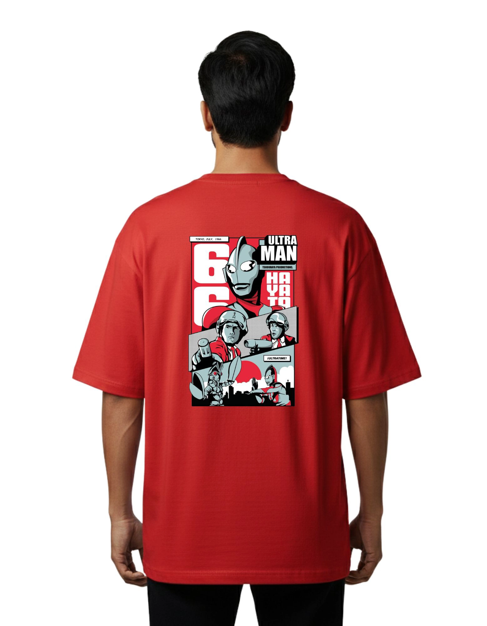 Ultraman Retro Anime Oversized Cotton French Terry T-Shirt 240 GSM Red