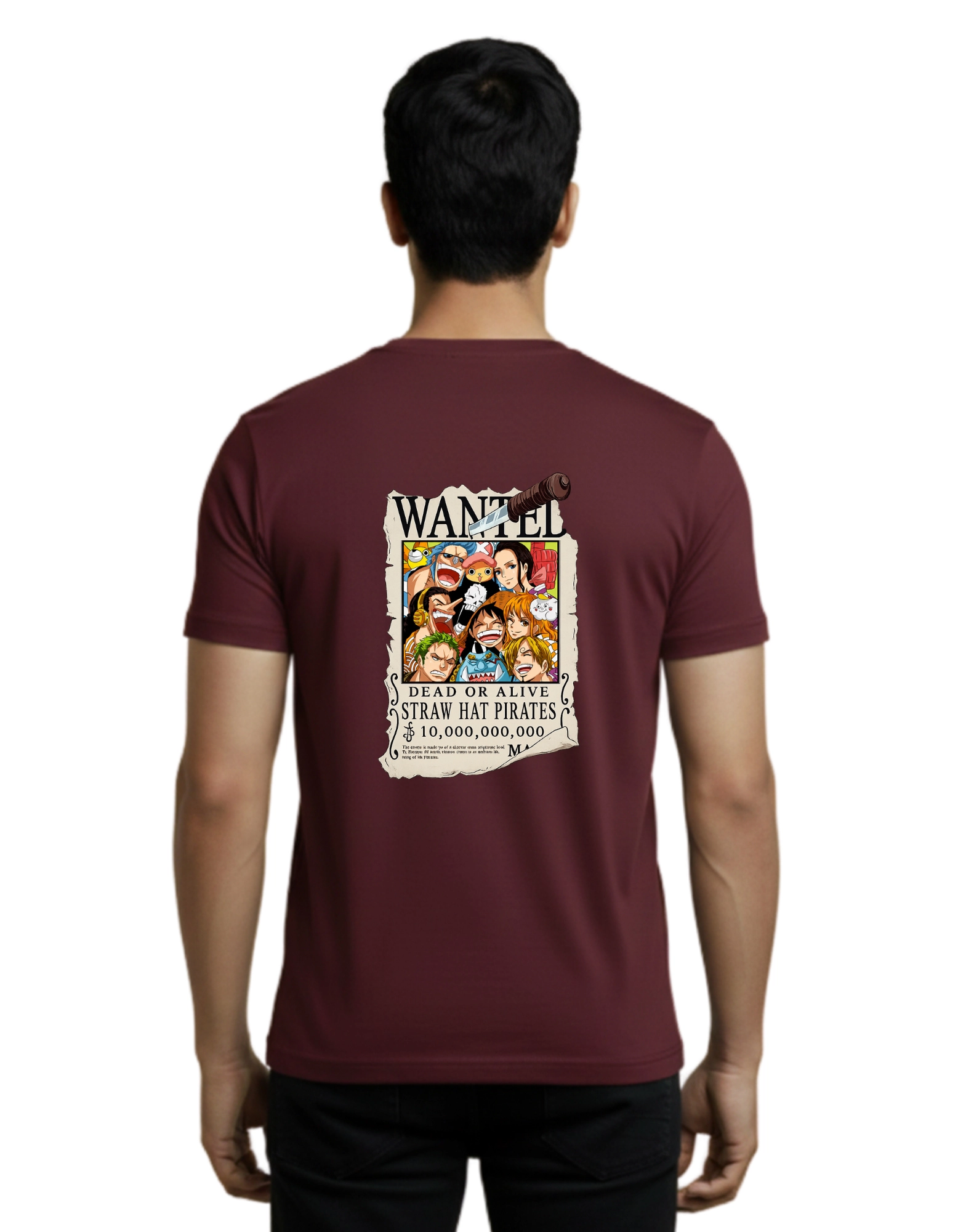 Wanted Straw Hat Pirates Cotton Round Neck T-Shirt 180 GSM Maroon