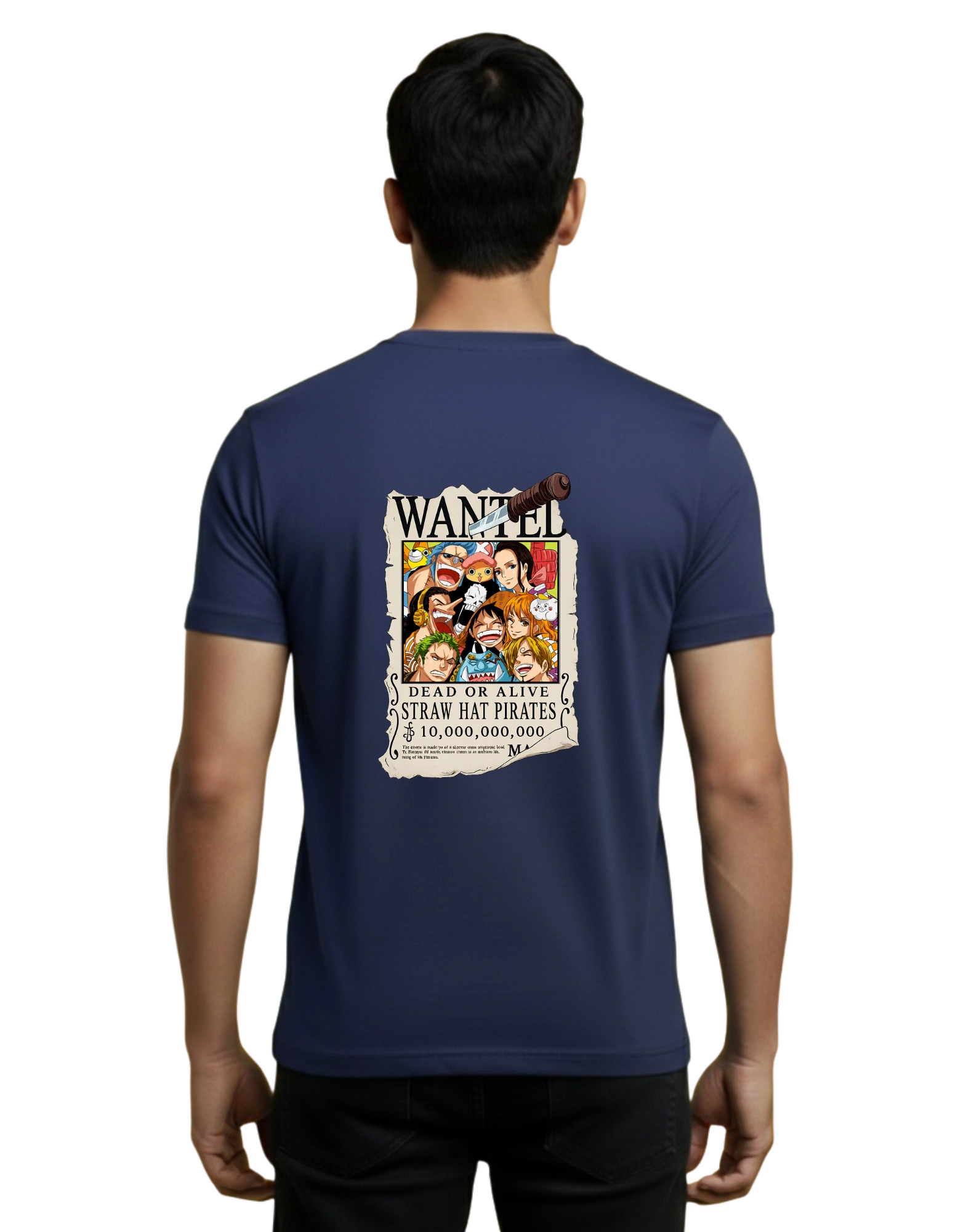 Wanted Straw Hat Pirates Cotton Round Neck T-Shirt 180 GSM Navy Blue