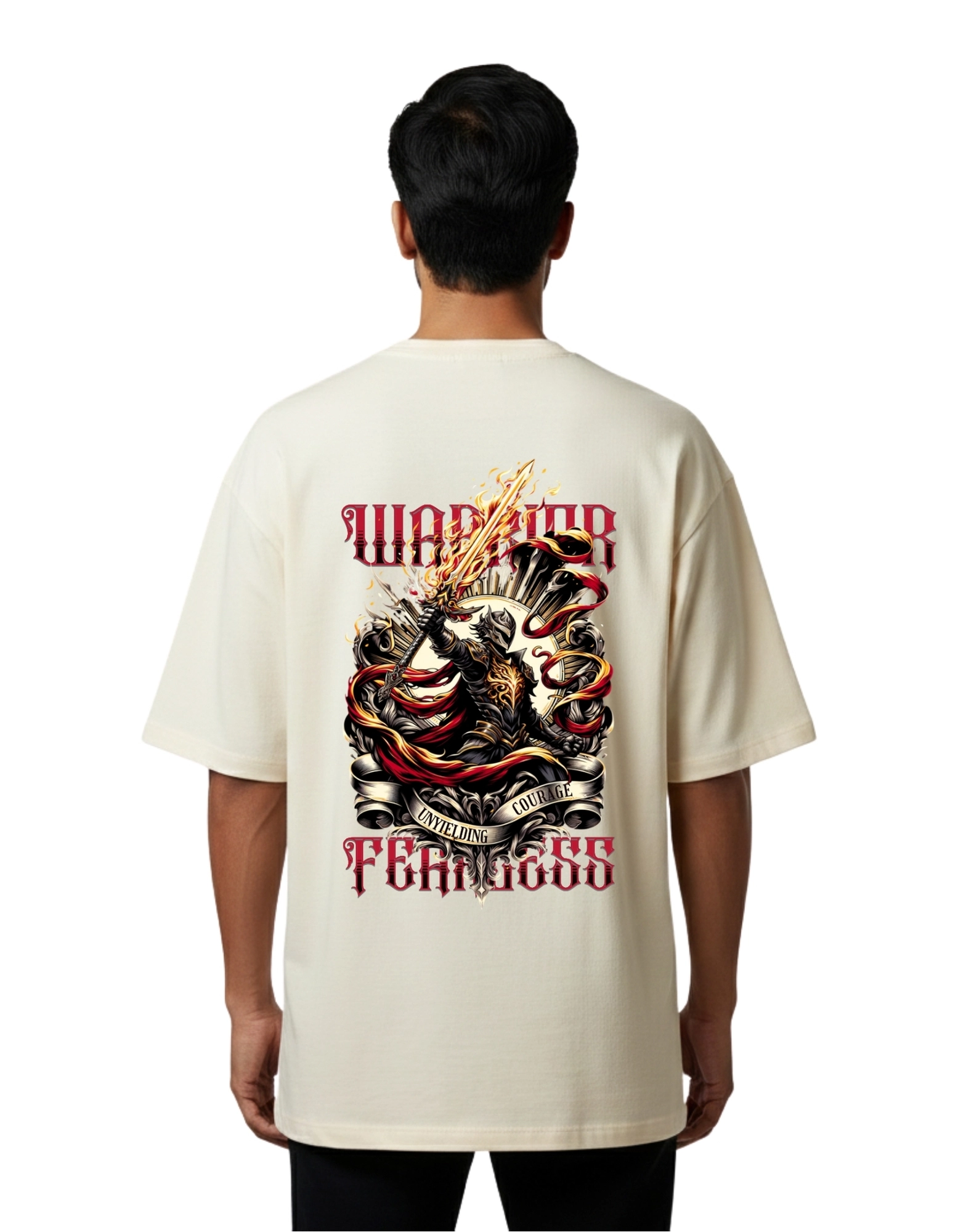 Warrior Fearless Graphic Oversize Cotton French Terry T-Shirt 240 GSM Beige