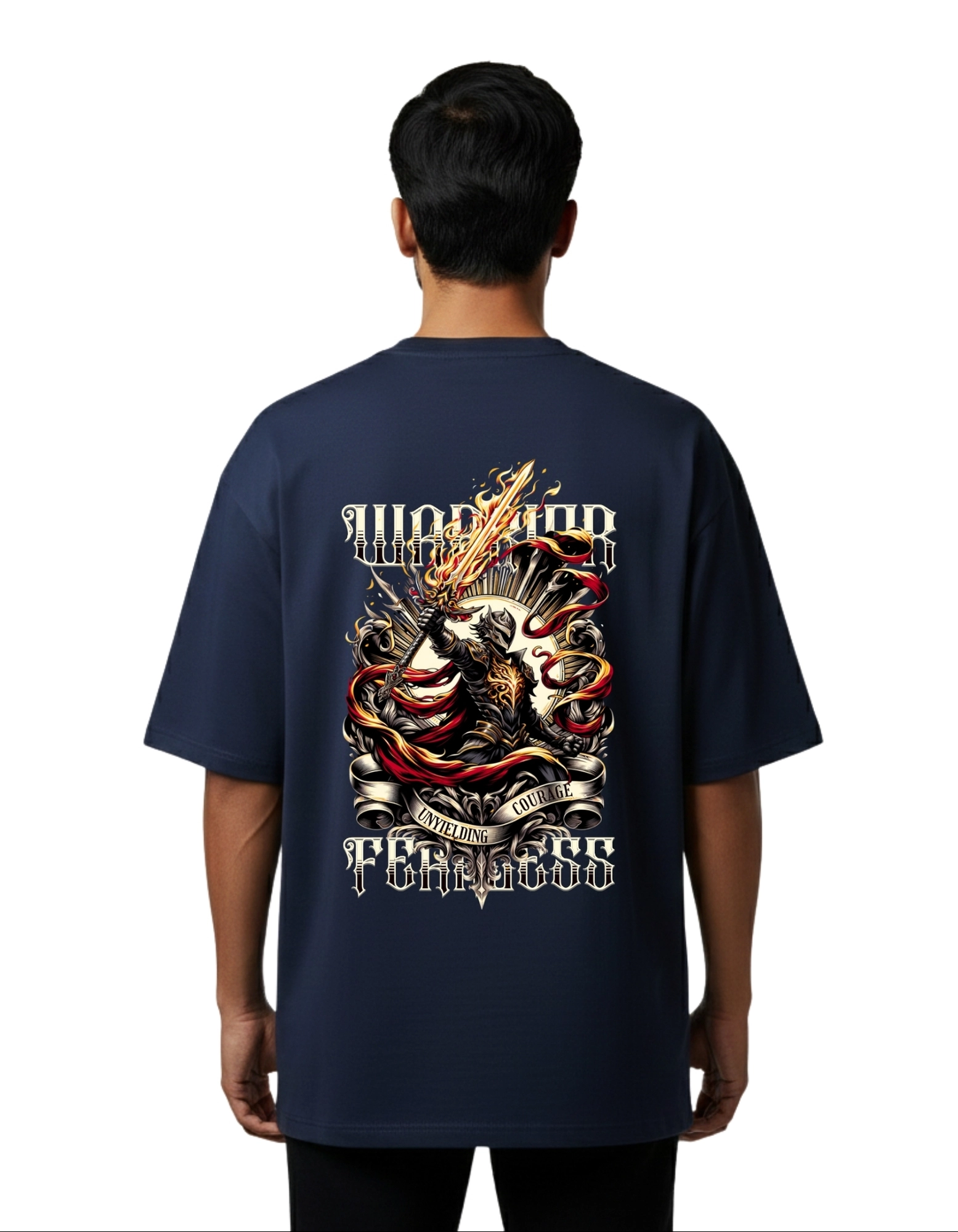 Warrior Fearless Graphic Oversize Cotton French Terry T-Shirt 240 GSM Navy Blue