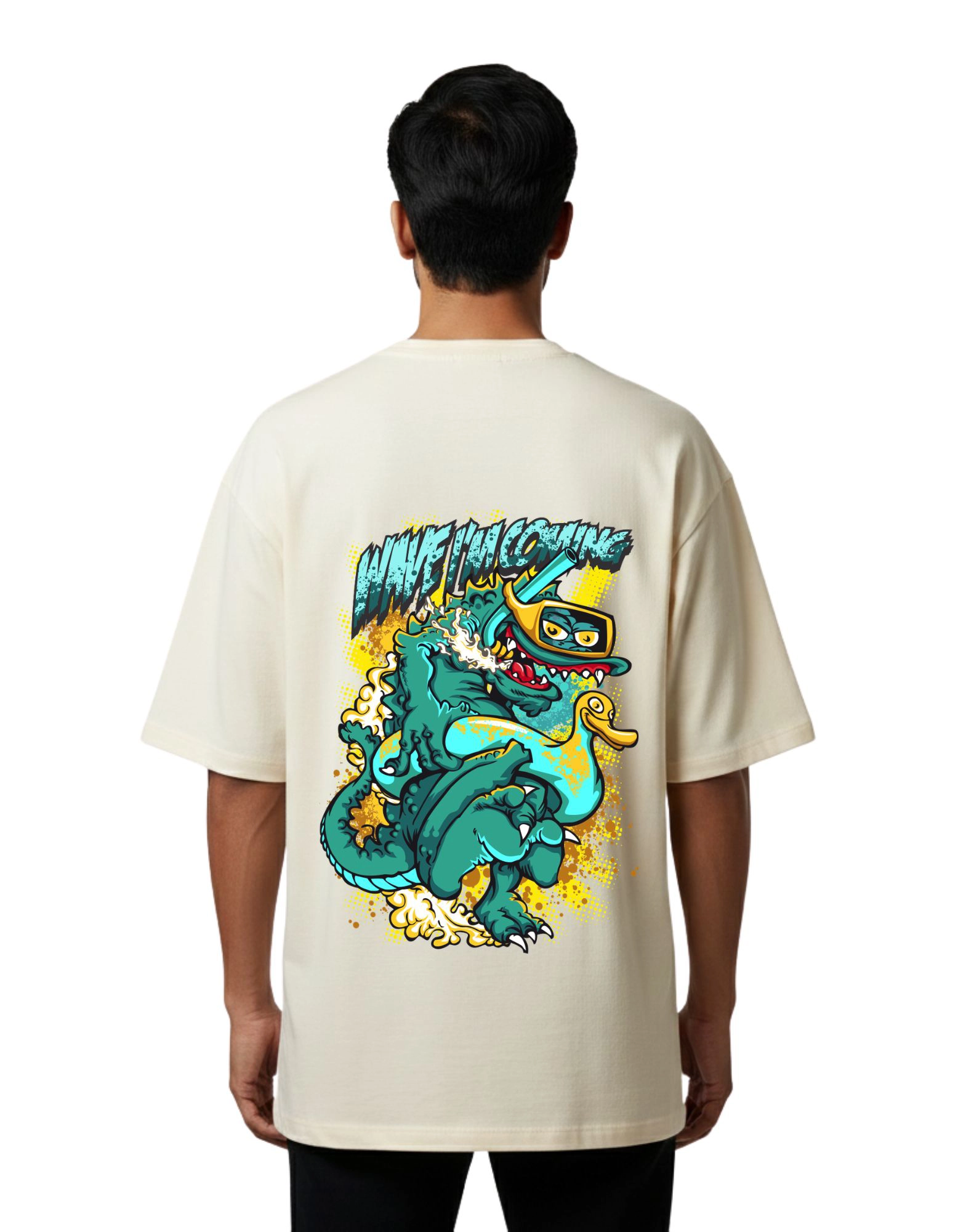 Wave I’m Coming Dragon Oversized French Terry T-Shirt 240 GSM Half Sleeve  Beige