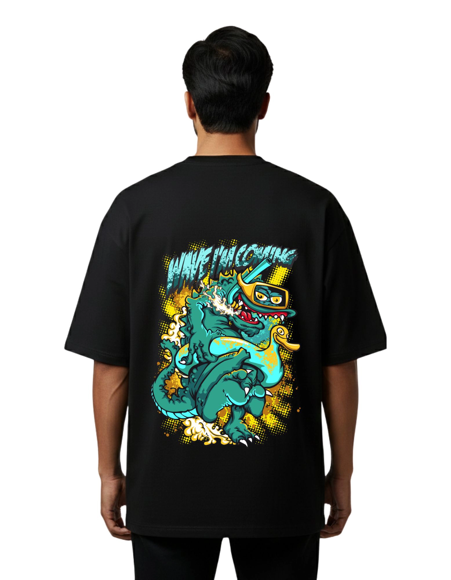 Wave I’m Coming Dragon Oversized French Terry T-Shirt 240 GSM Half Sleeve Black