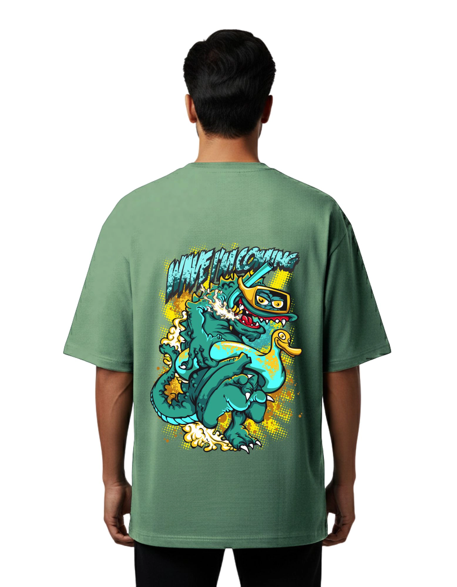 Wave I’m Coming Dragon Oversized French Terry T-Shirt 240 GSM Half Sleeve D Green
