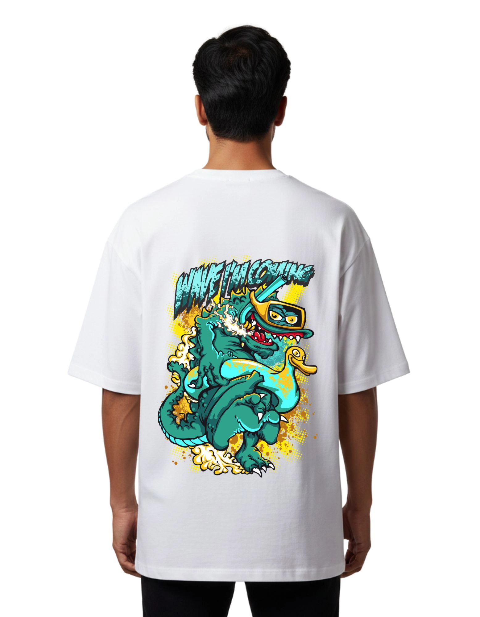 Wave I’m Coming Dragon Oversized French Terry T-Shirt 240 GSM Half Sleeve White