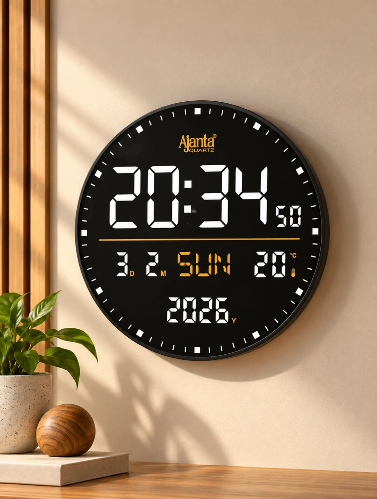 White Ajanta DigiOrbit Round Digital Calendar Wall Clock  DC 247