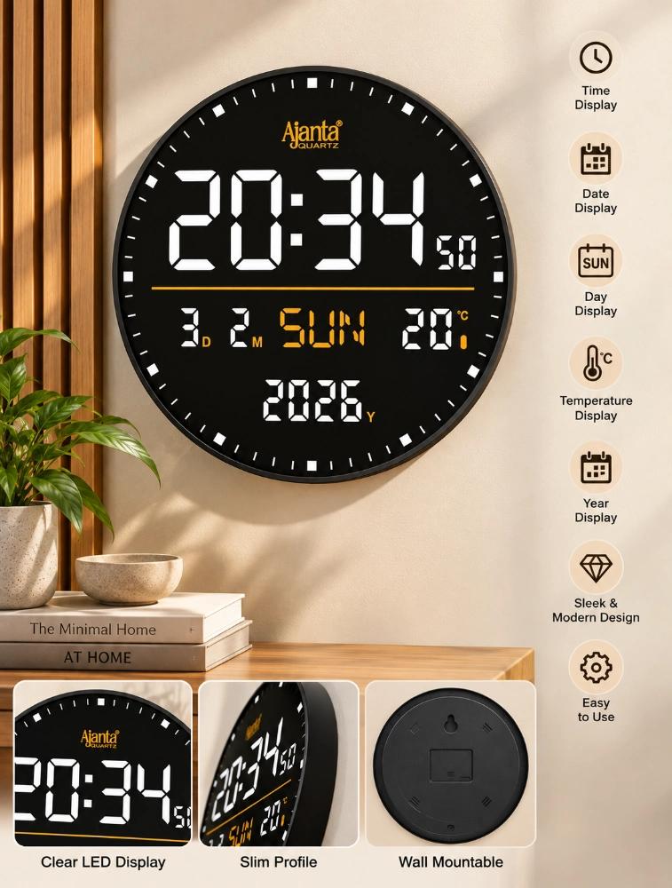 White Ajanta DigiOrbit Round Digital Calendar Wall Clock DC 247