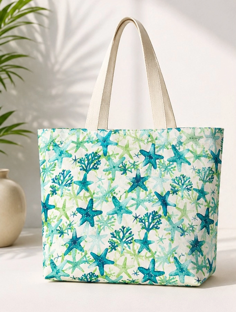 White And Blue Printed Canvas Tote Bag   