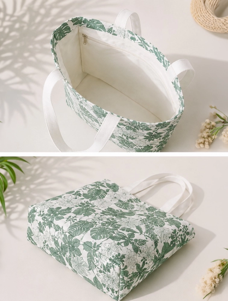White And Dark Green Printed Canvas Tote Bag