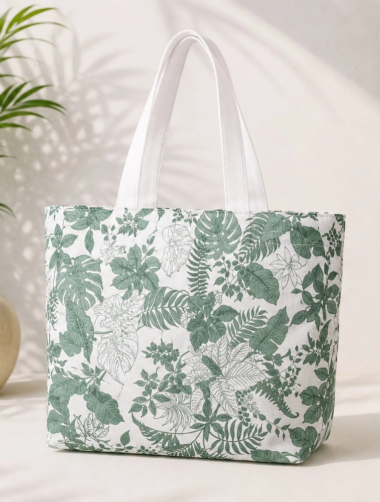 White And Dark Green Printed Canvas Tote Bag