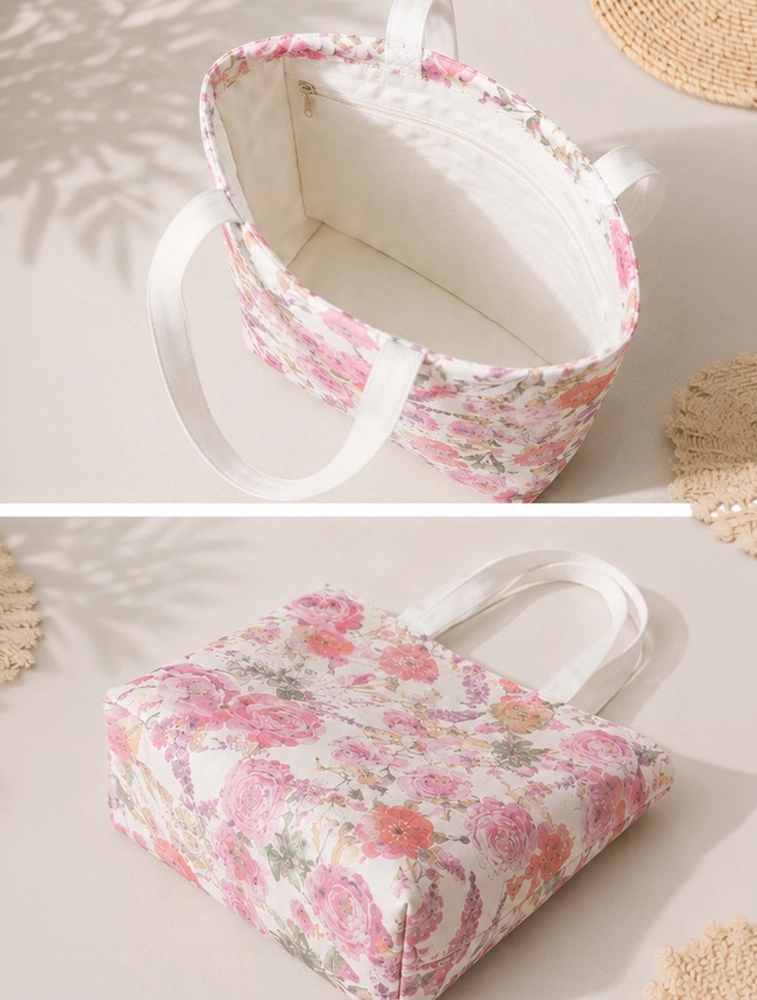 White And Pink Printed Canvas Tote Bag — bulk from ₹243