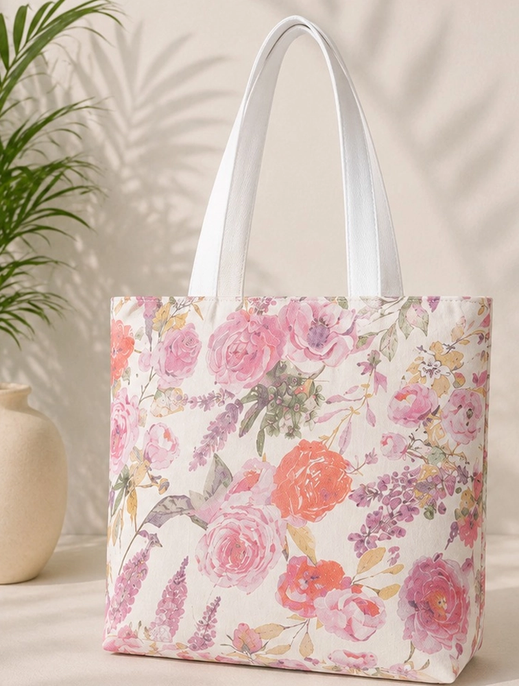 White And Pink Printed Canvas Tote Bag