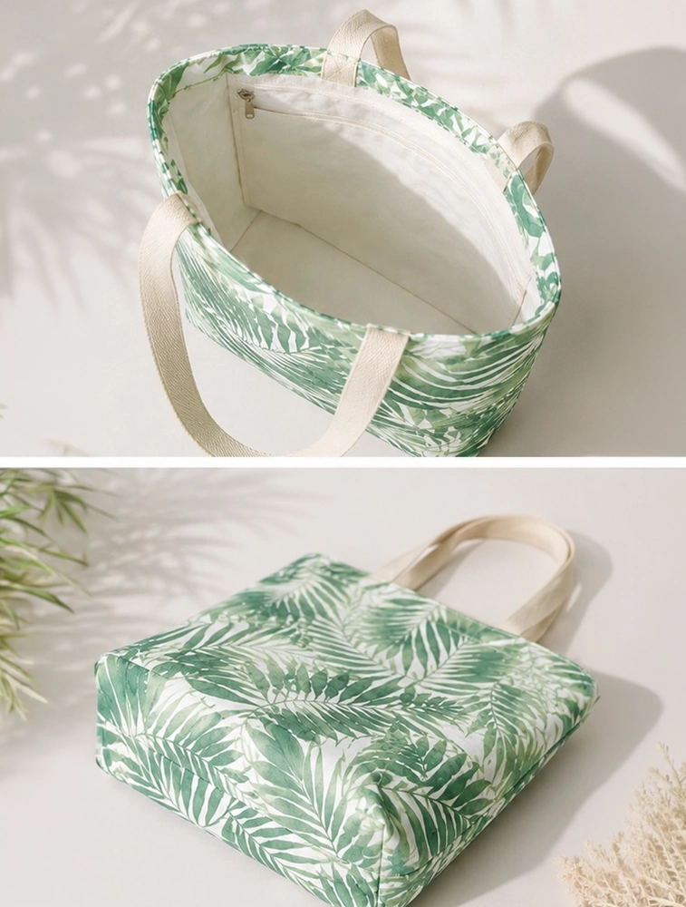 White And Sage Green Women Printed Canvas Tote Bag