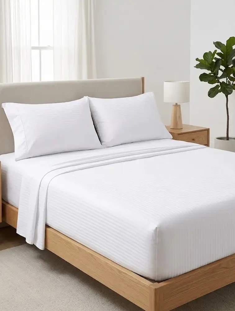 White Cotton 110 GSM 300 TC Queen Size Bedsheet Set with Pillow Cover