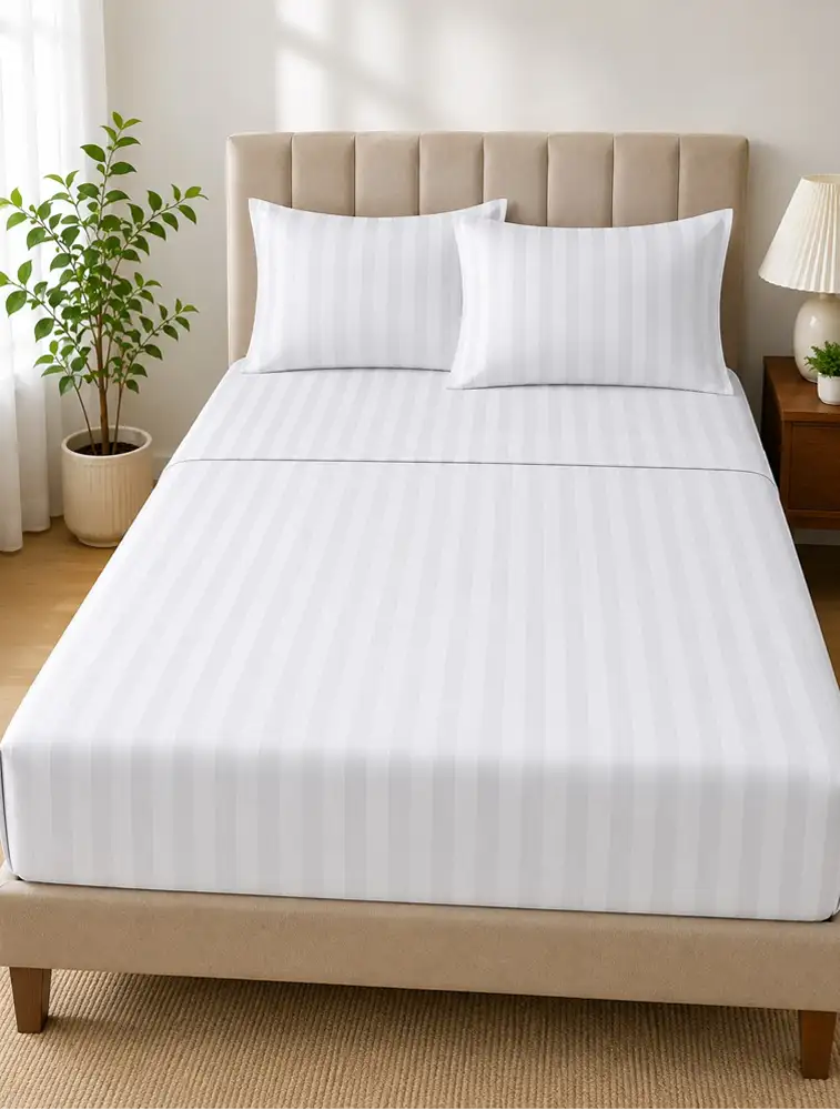 White Cotton Stripe Single Size Bedsheet Set with Pillow Cover 
